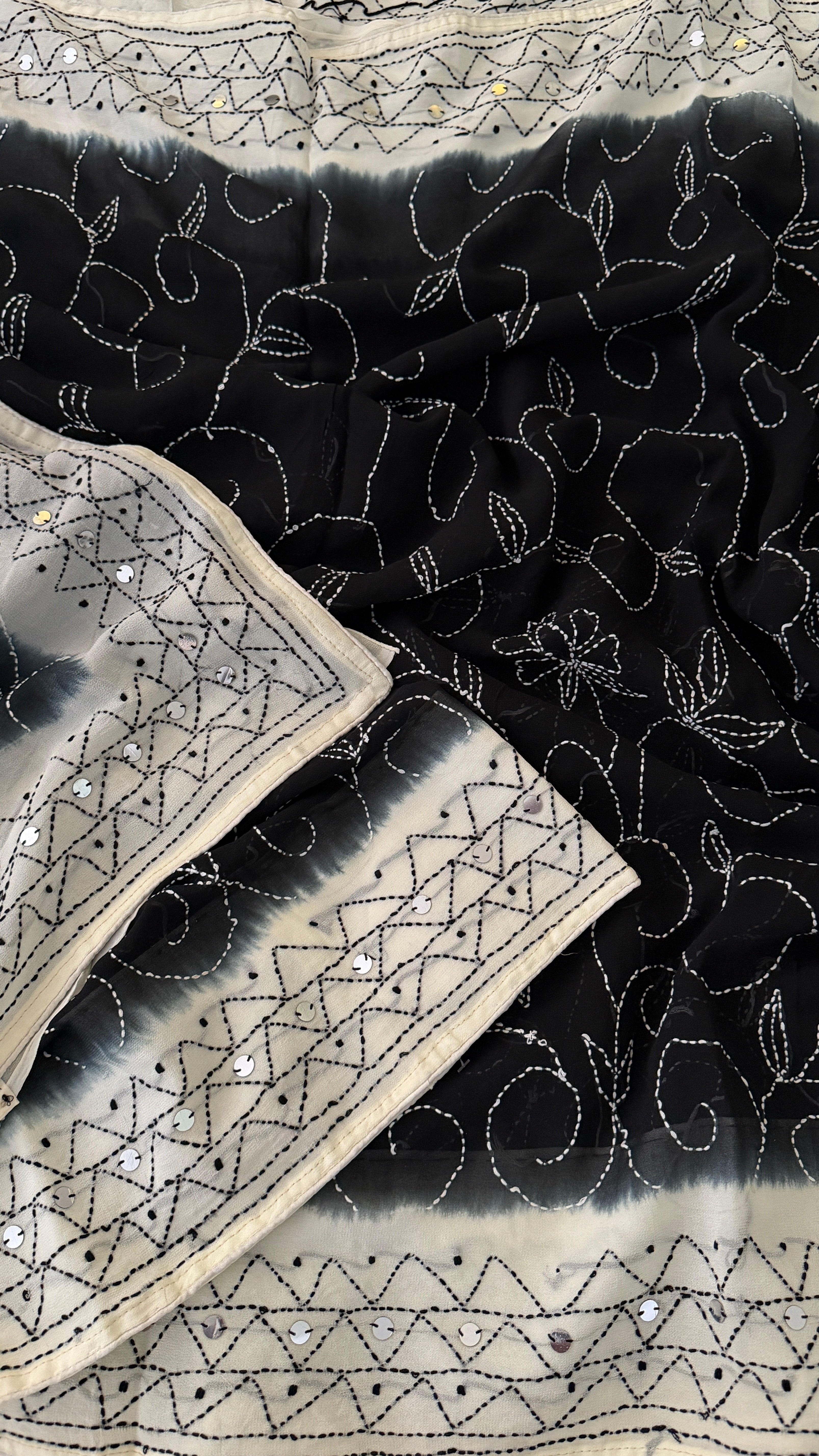 Black & White Katha Georgette Saree