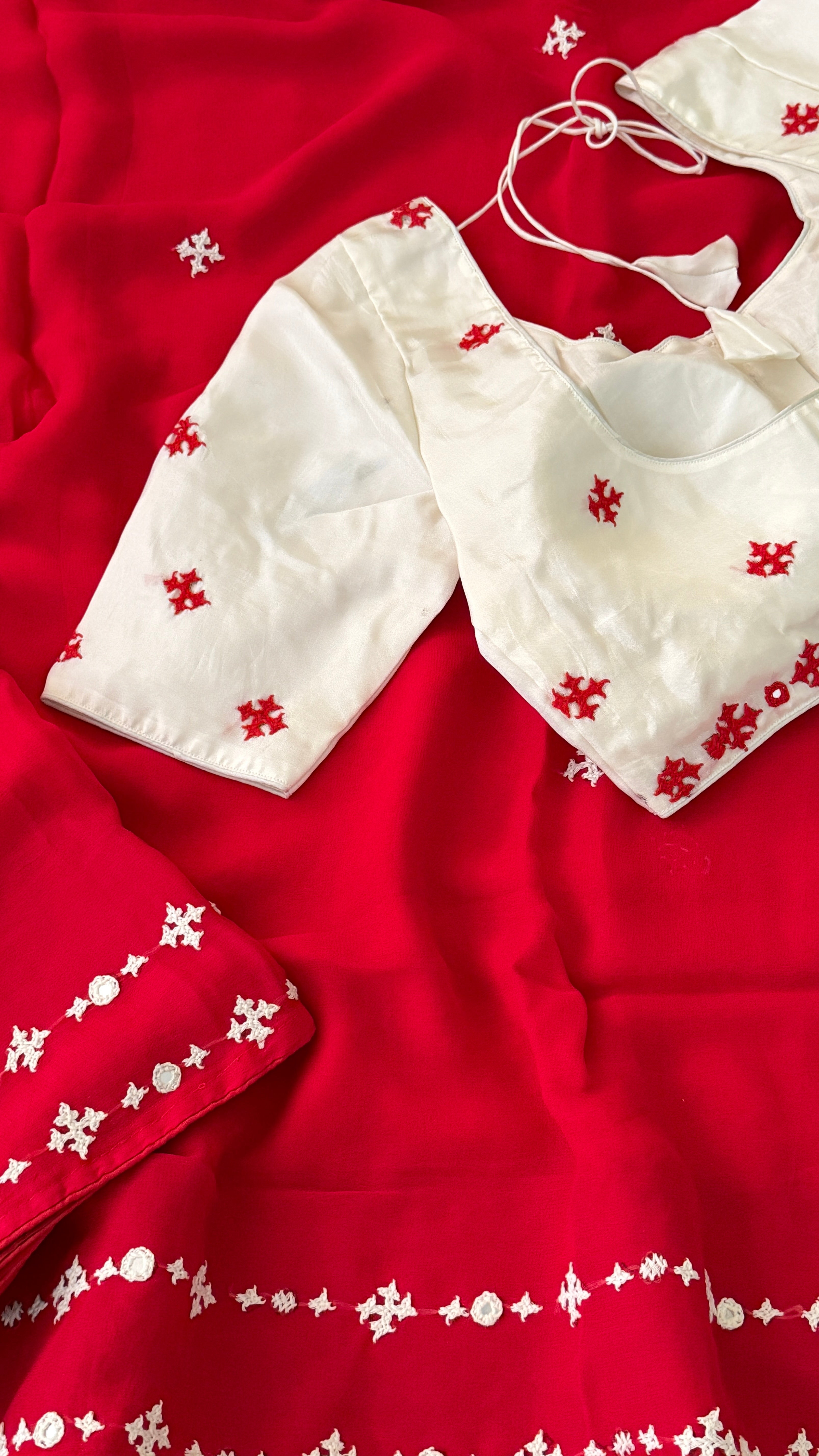Red & White Katha Georgette Saree II