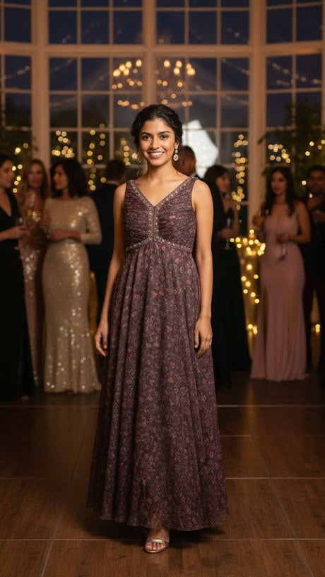 Wine Floral Organza Gown