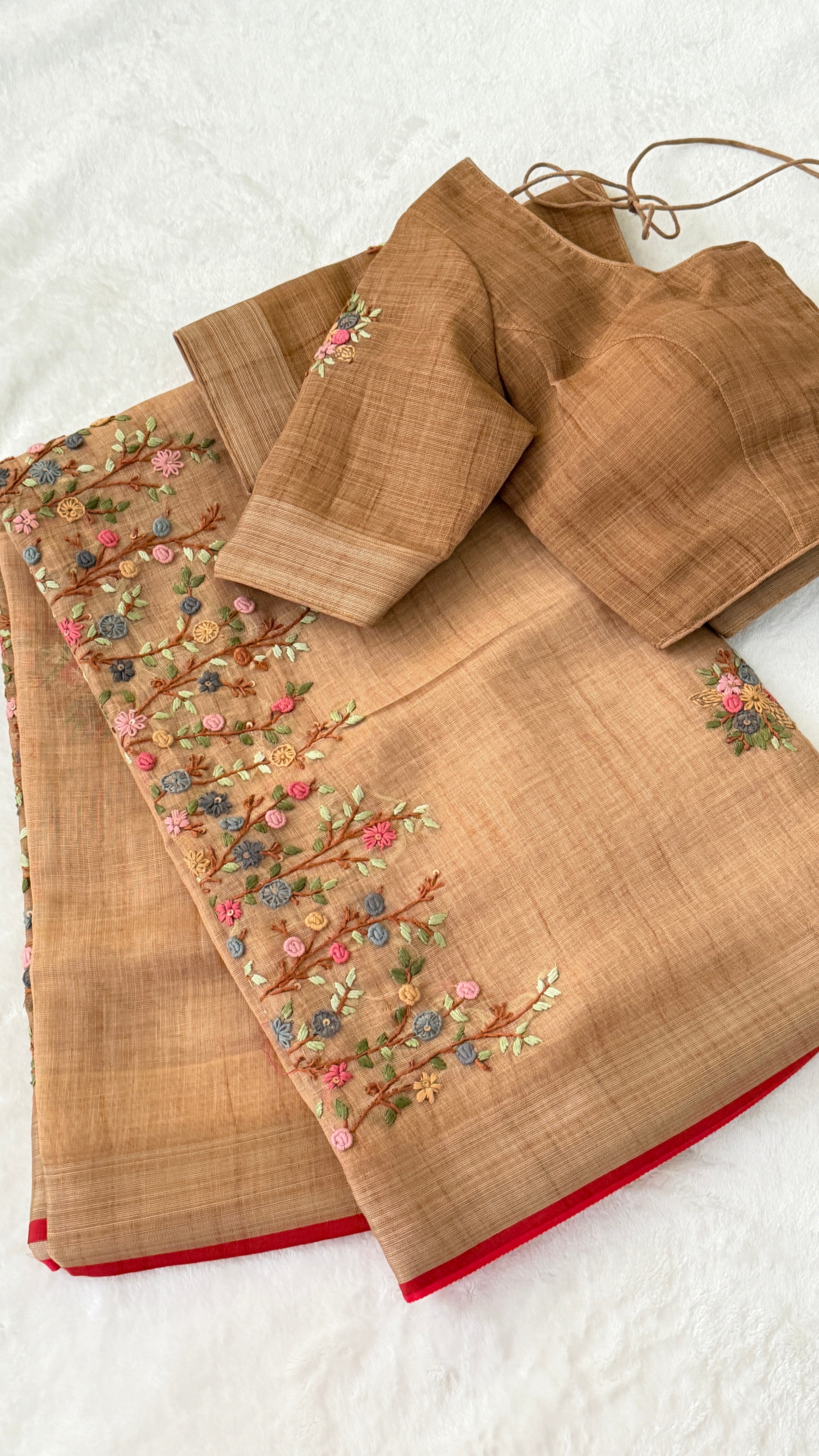 Beige Floral Embroidery Linen Saree