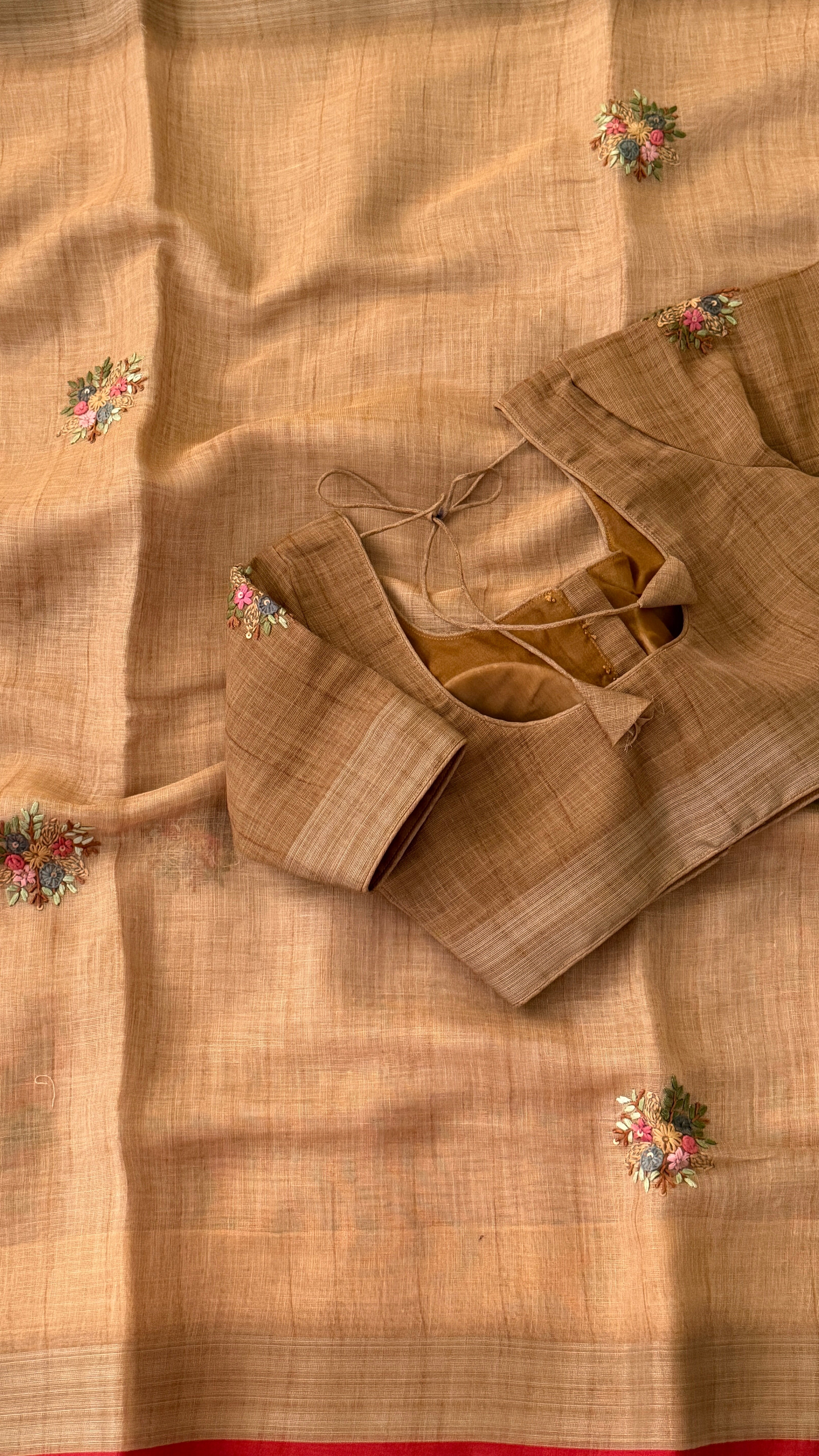Beige Floral Embroidery Linen Saree