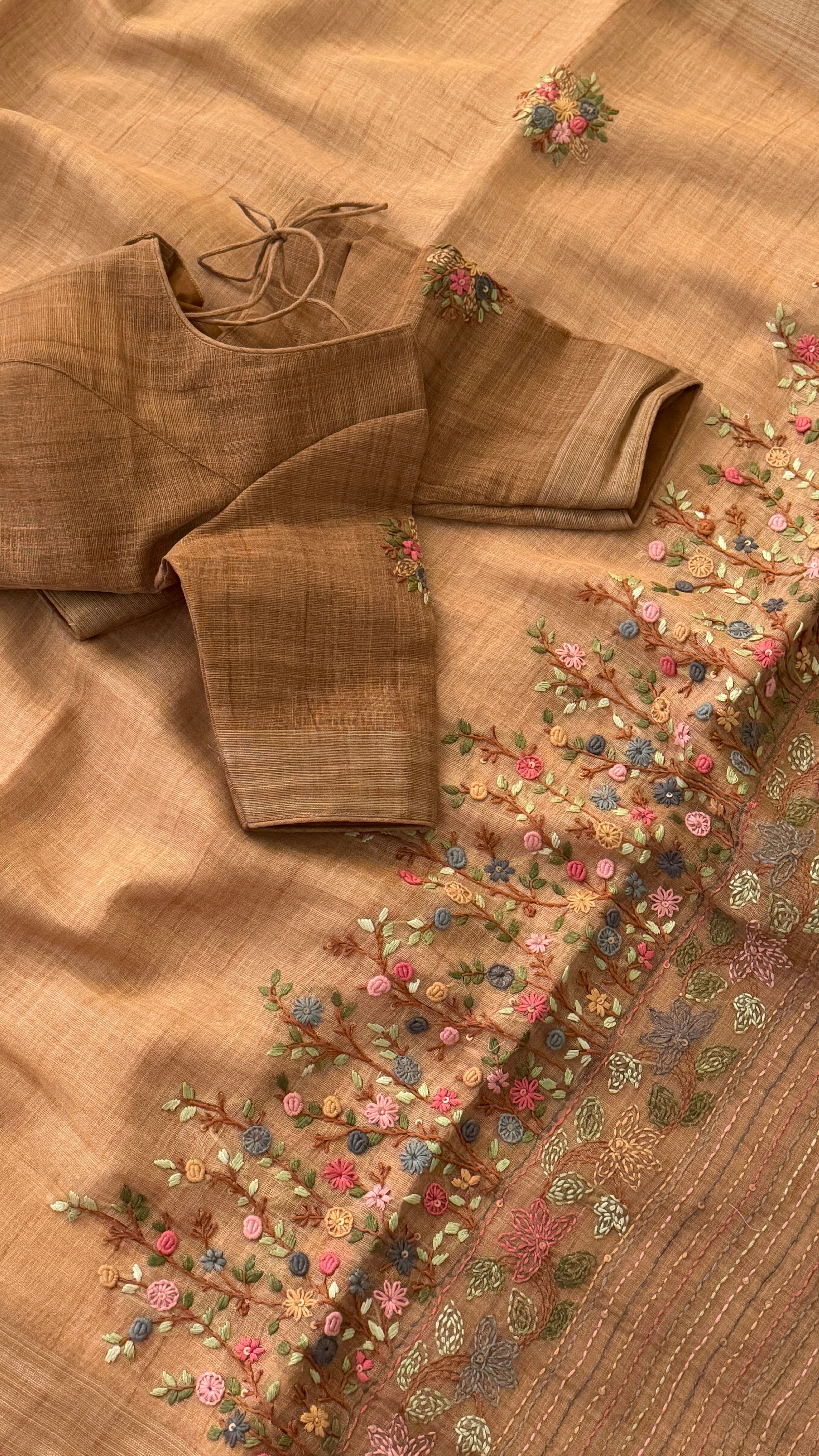 Beige Floral Embroidery Linen Saree