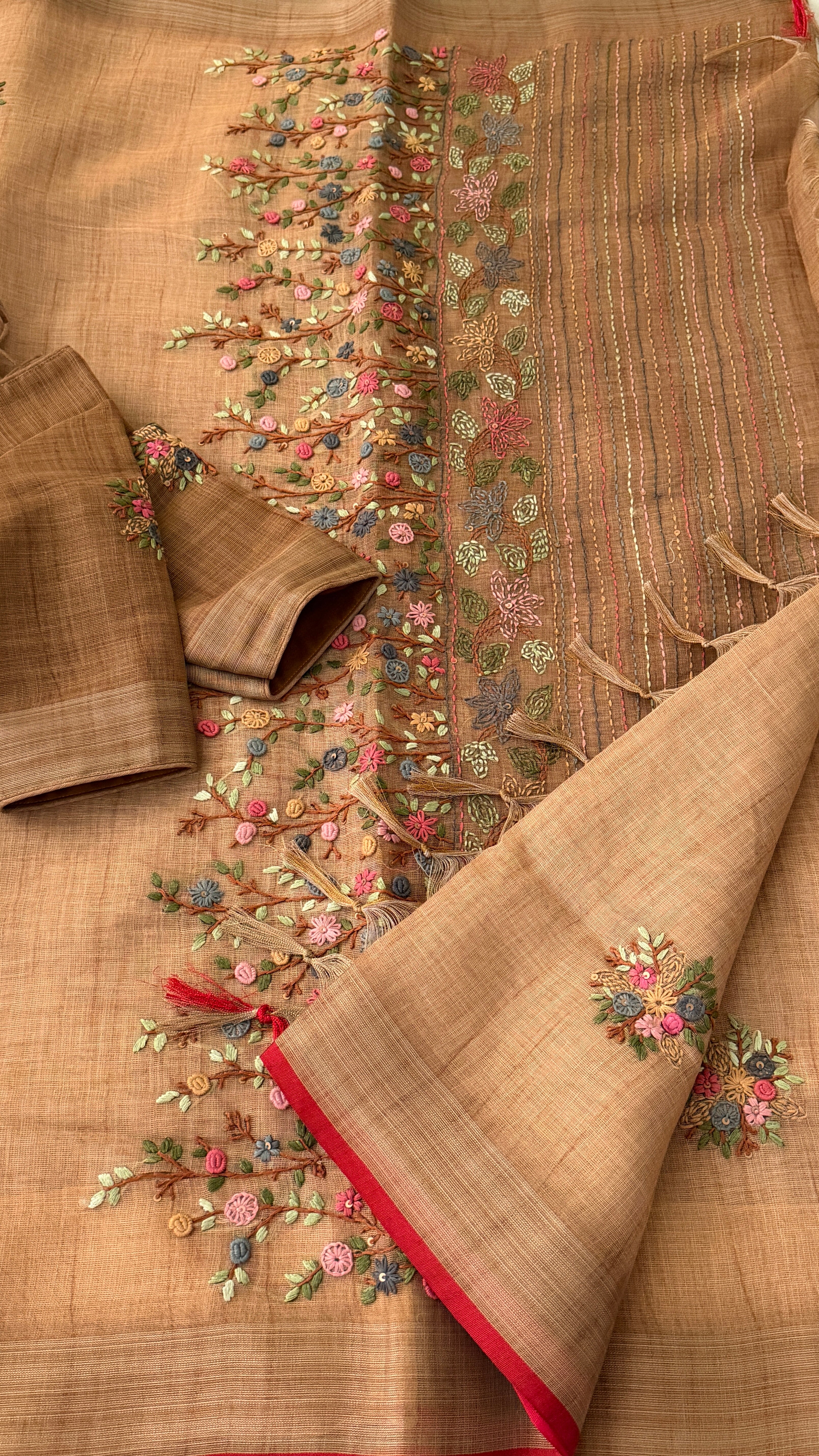 Beige Floral Embroidery Linen Saree
