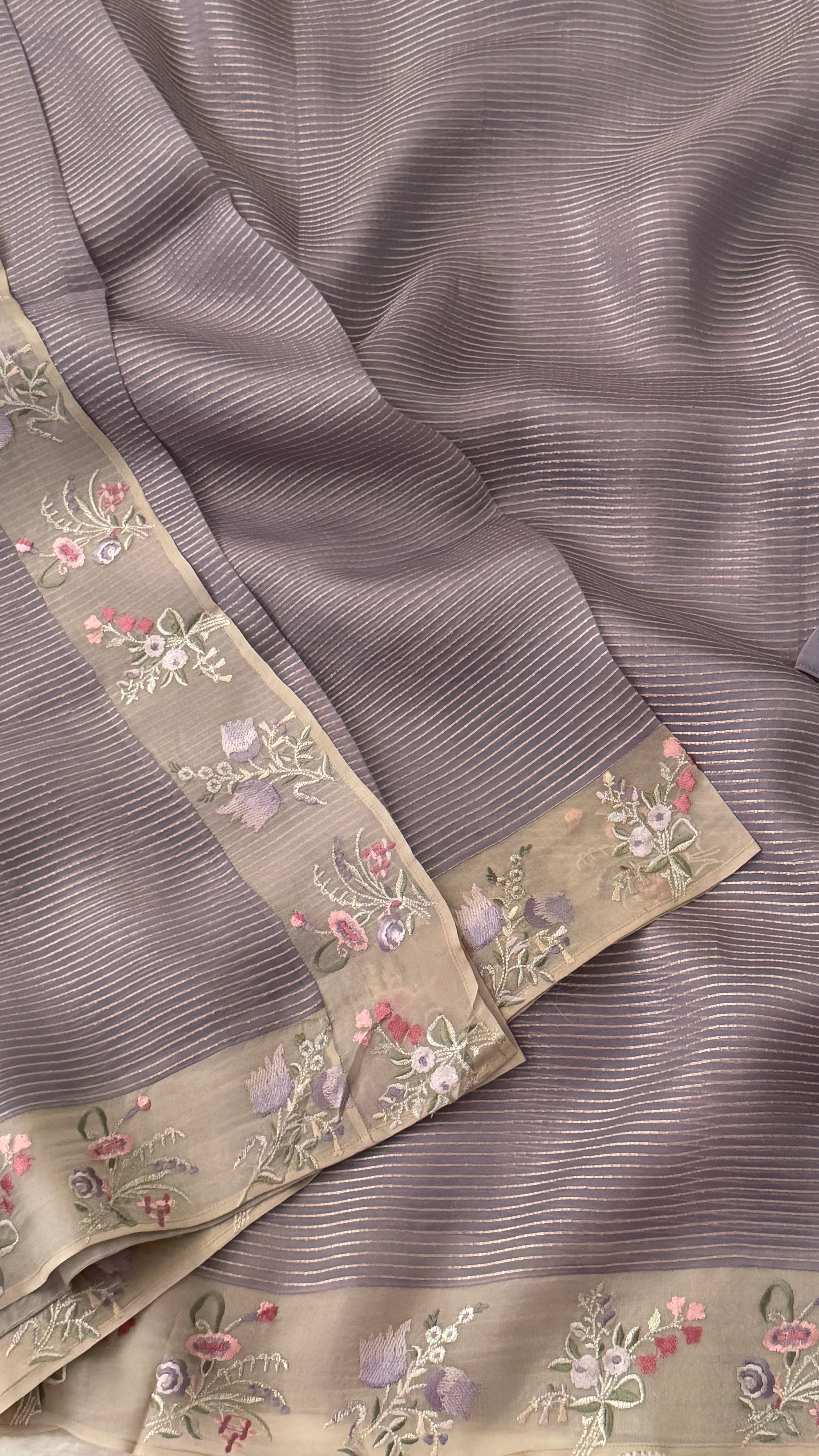 Lavender Stripe Kora Organza Saree