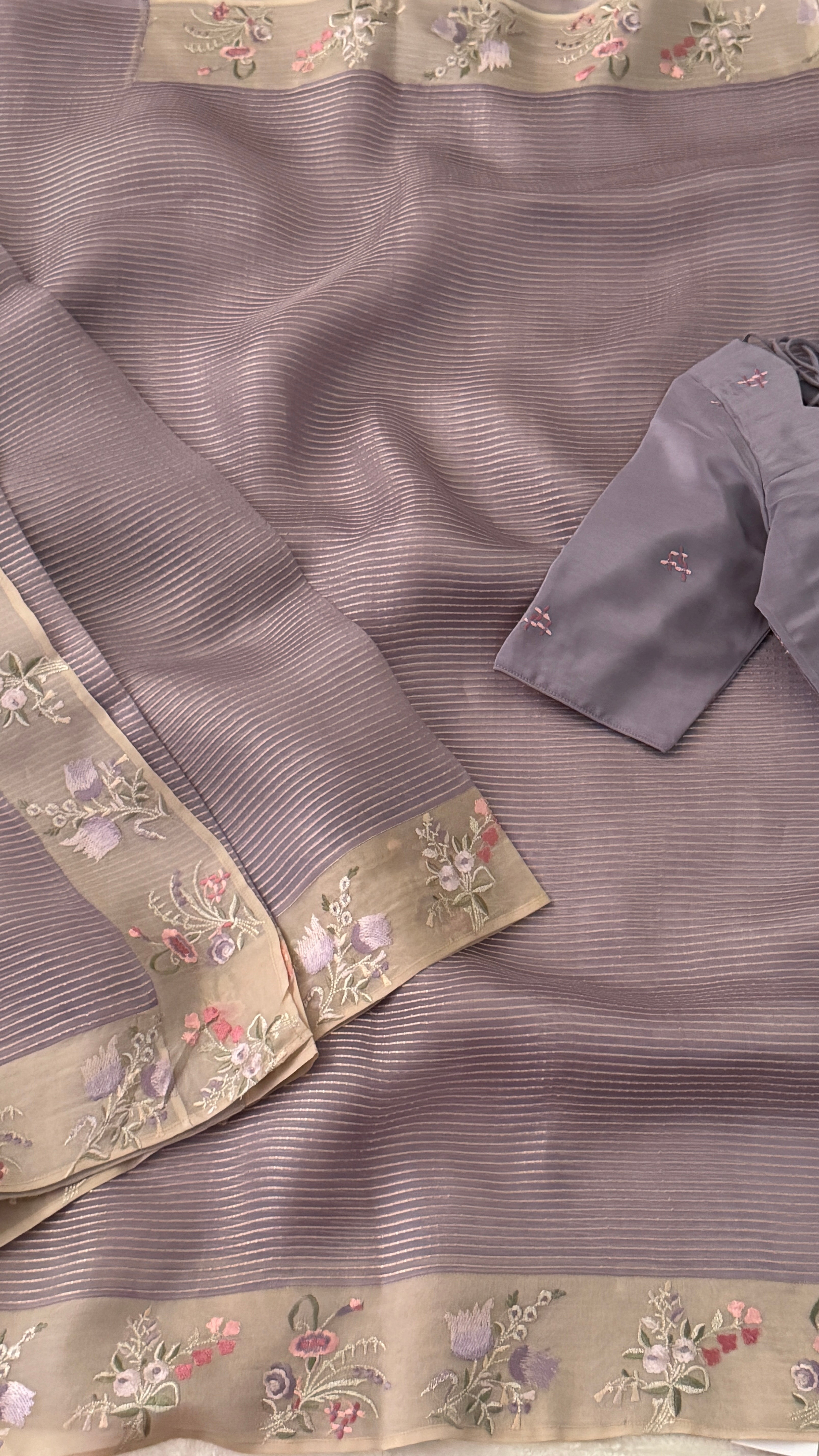 Lavender Stripe Kora Organza Saree