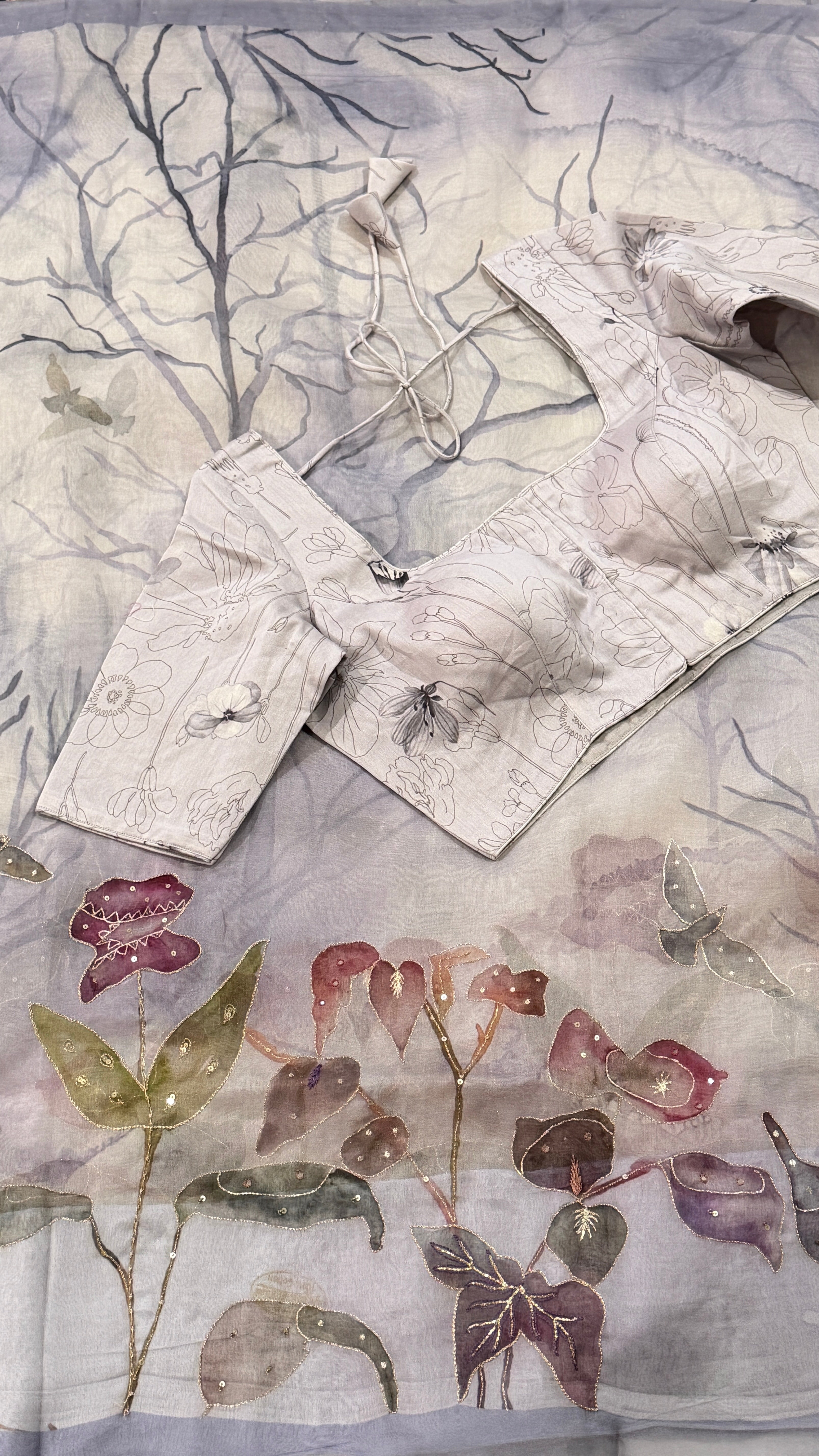 Lavender Floral Kora Organza Saree