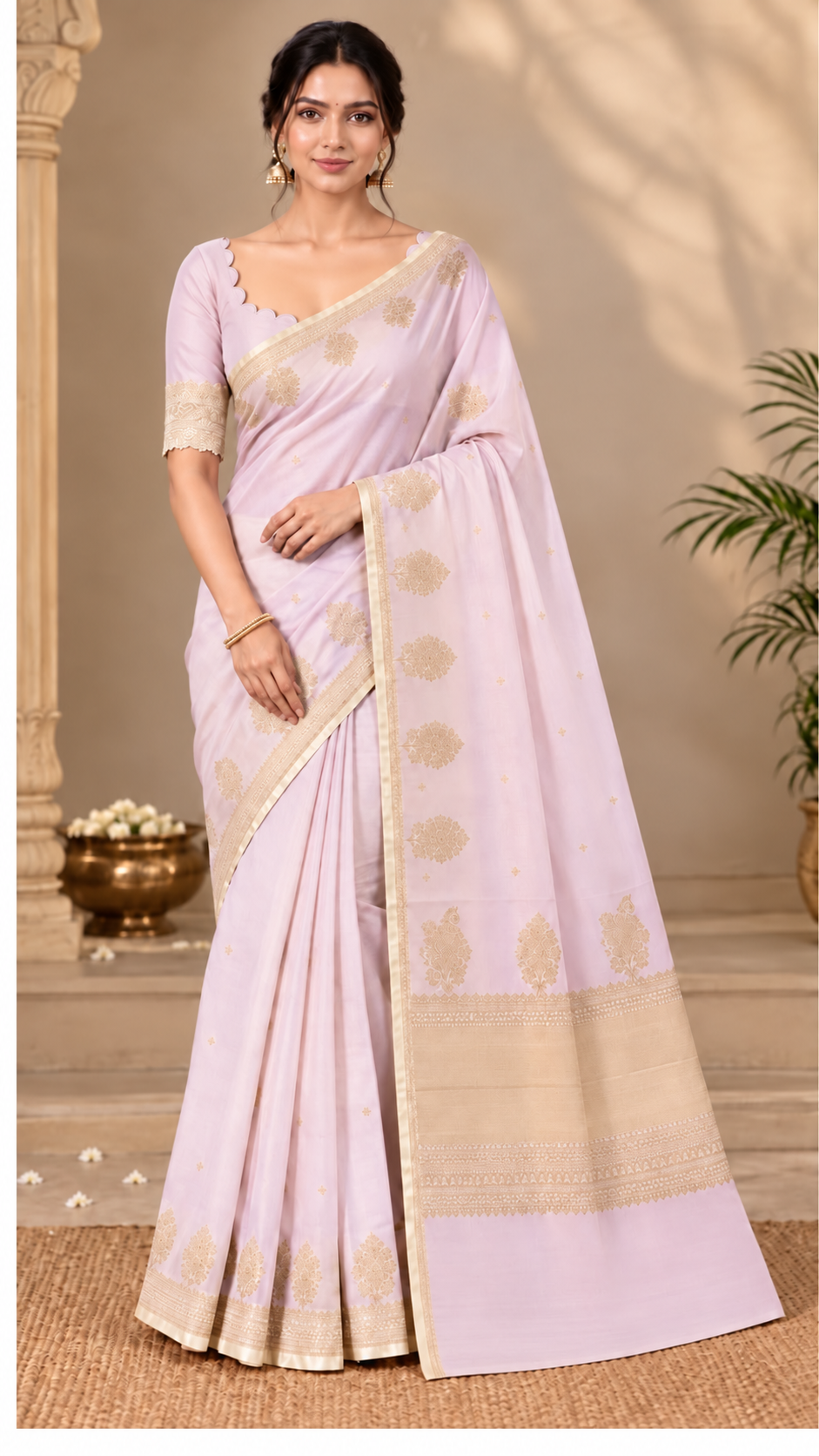 Blush Pink Banaras Satin Silk Saree