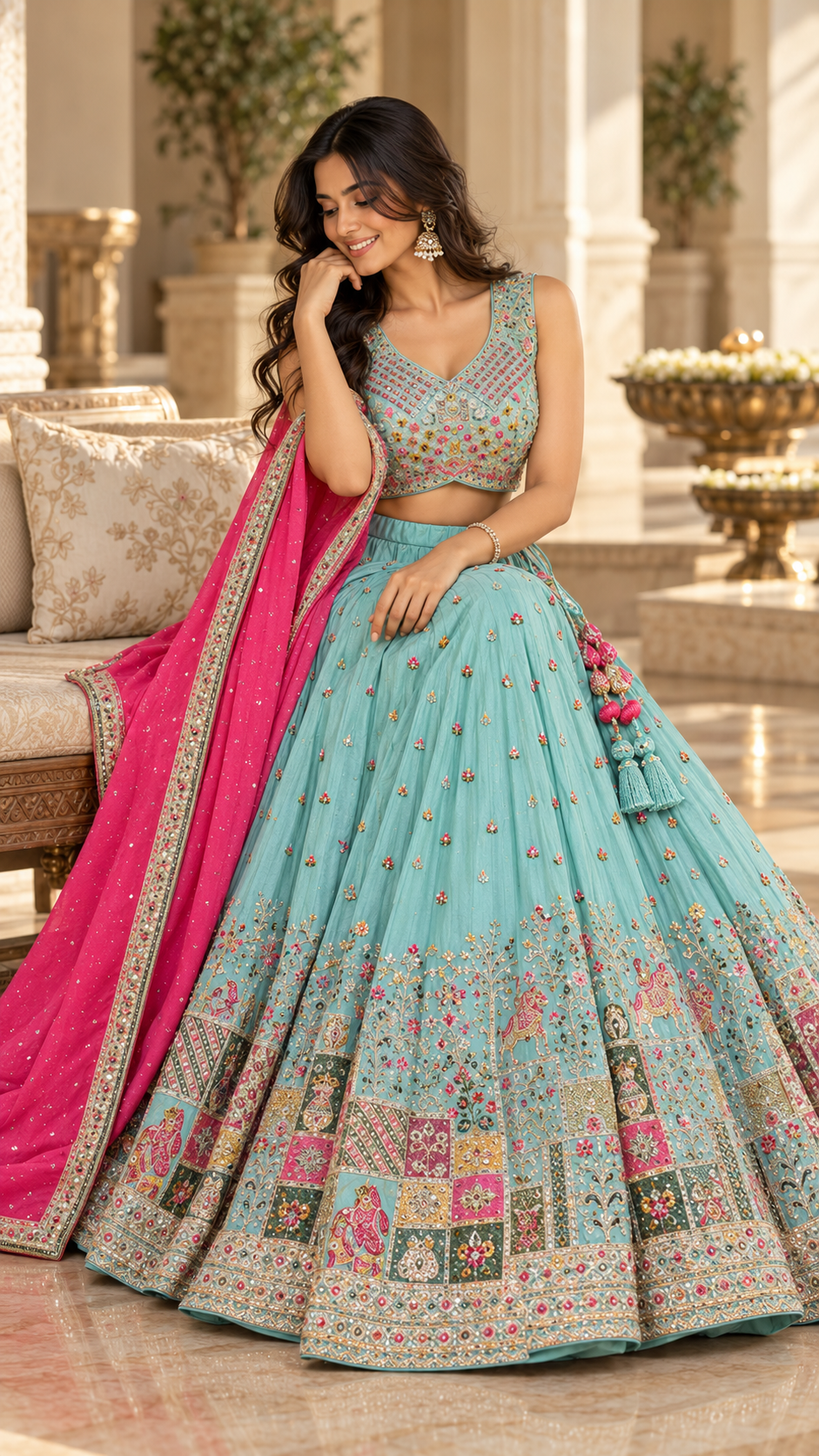 Aqua Blue Tissue Silk Croptop Lehenga