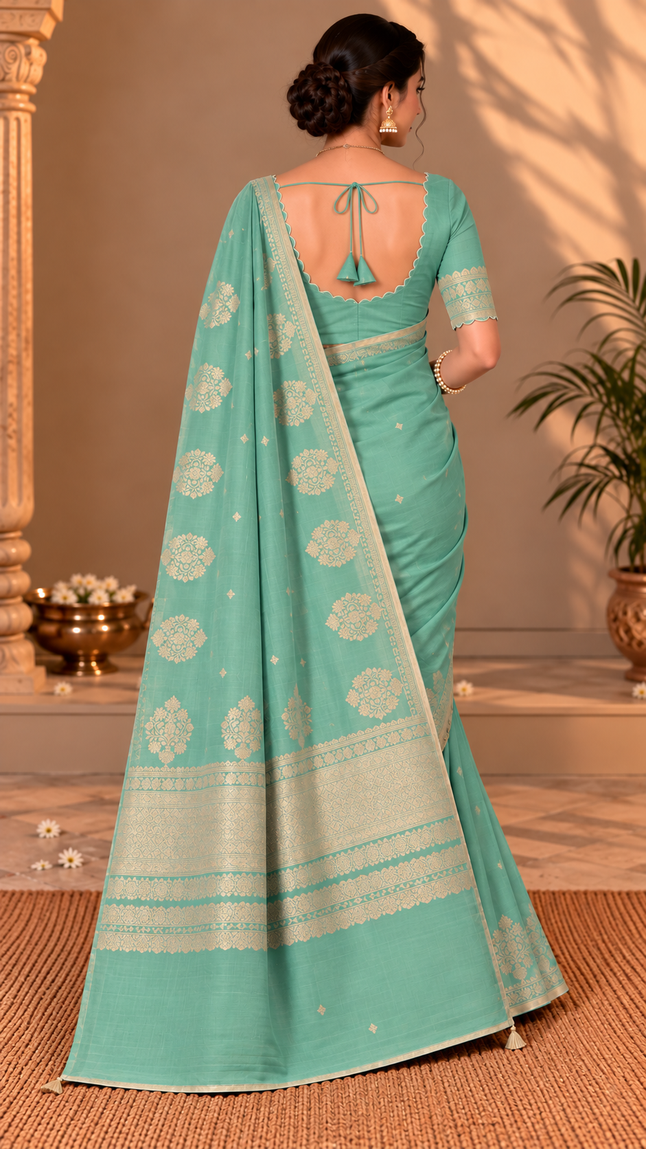 Sea Green Banaras Satin Silk Saree