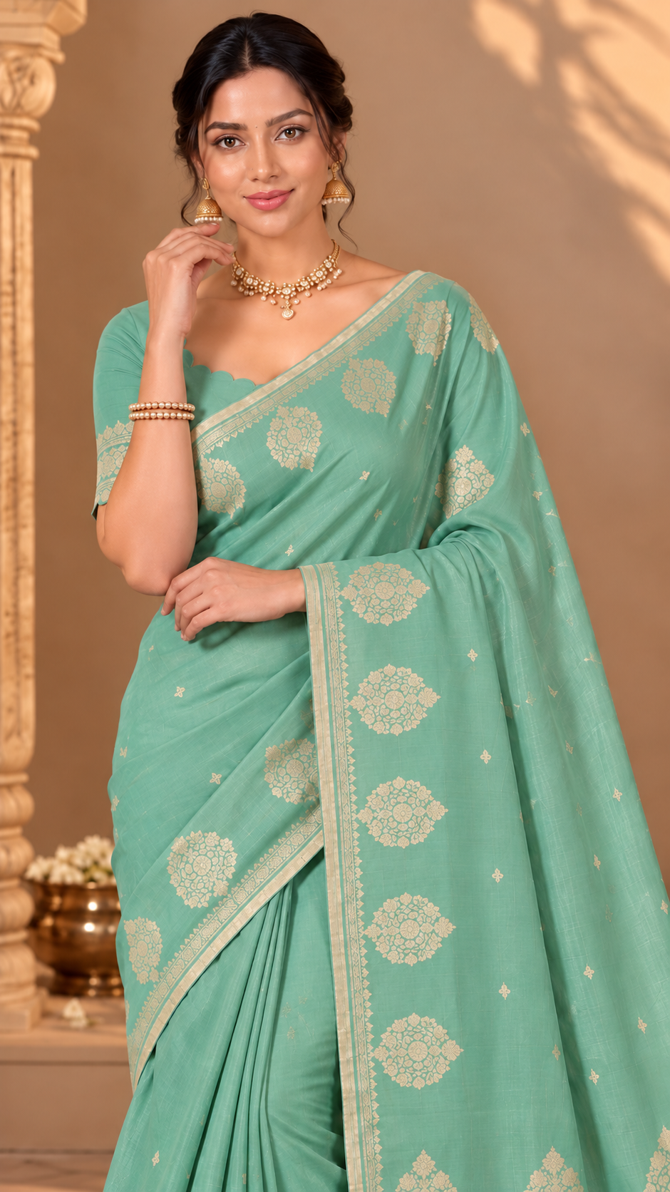 Sea Green Banaras Satin Silk Saree