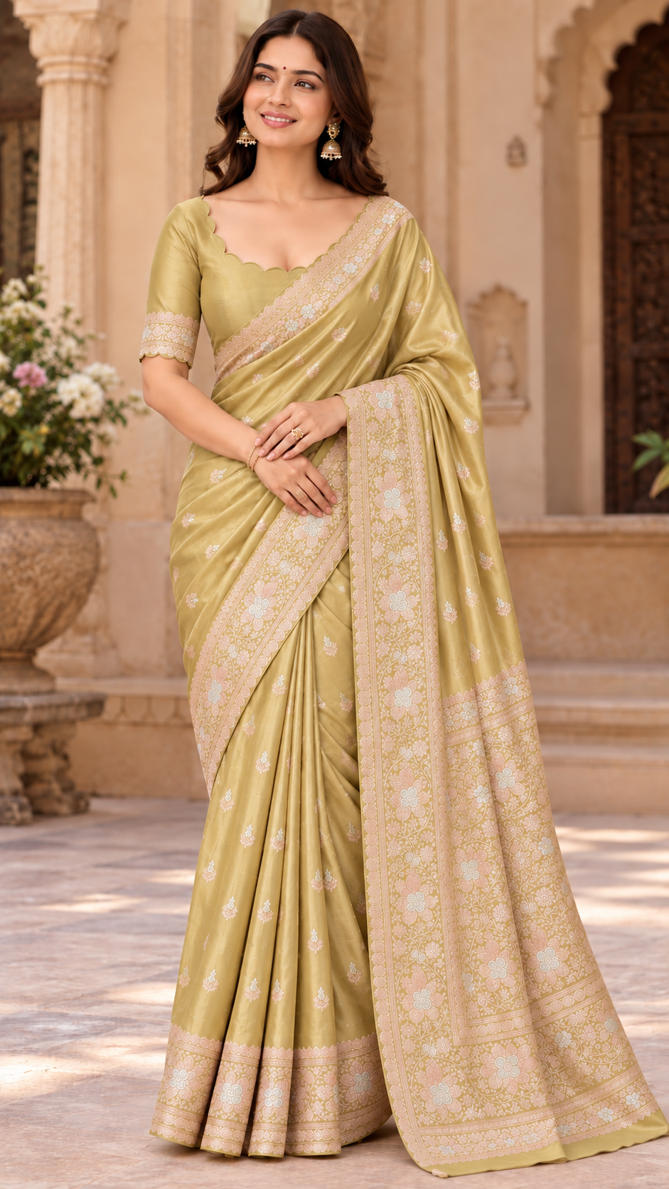 Olive Toned Gold Banaras Satin Silk Saree