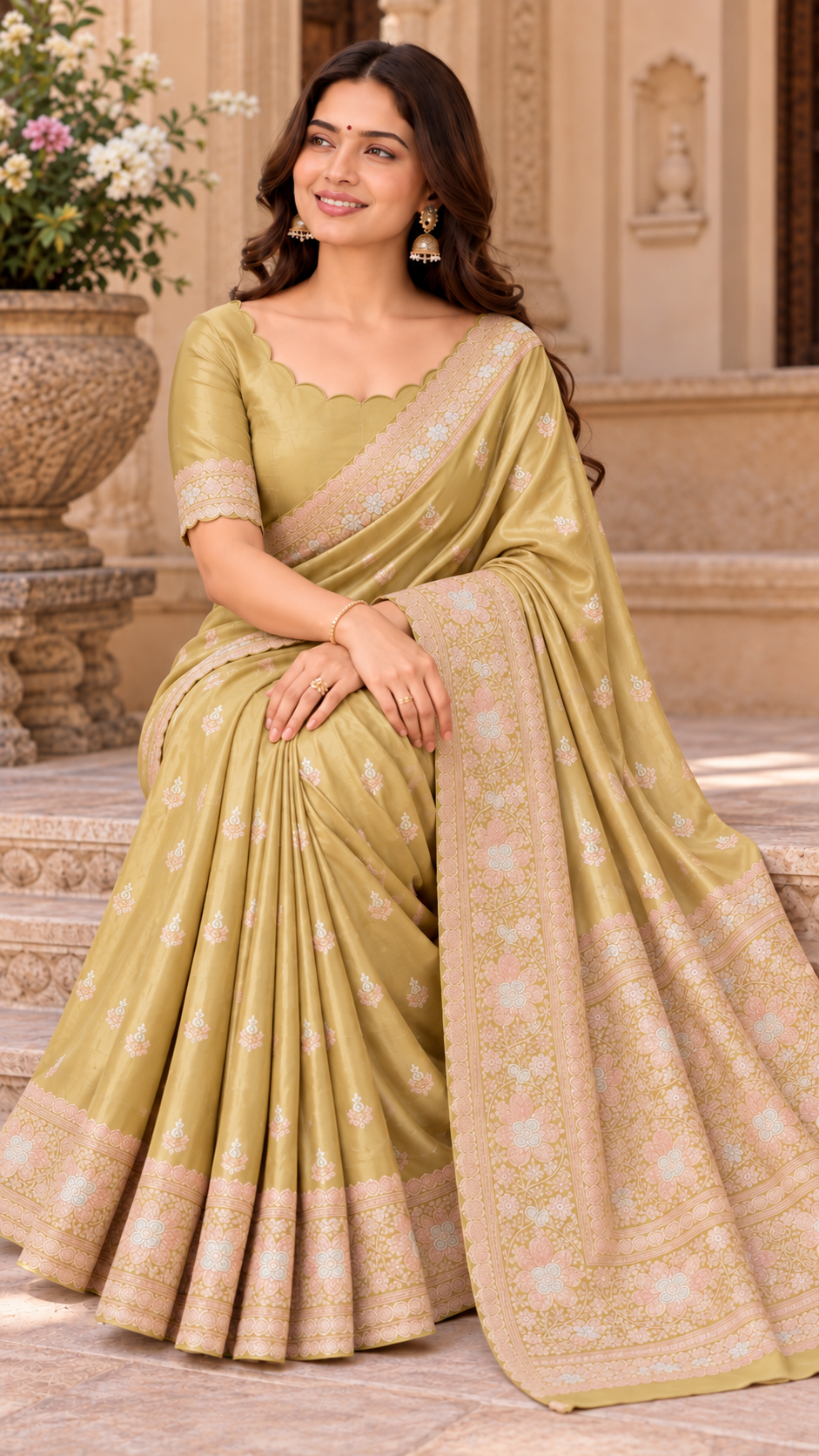 Olive Toned Gold Banaras Satin Silk Saree