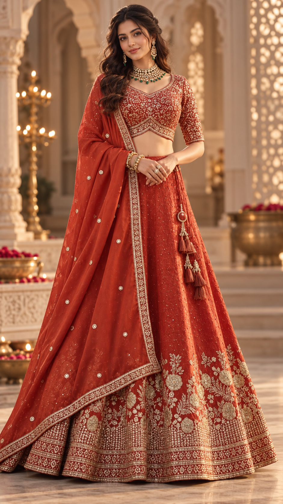Rust Chinon Silk Party Wear Crop Top Lehenga