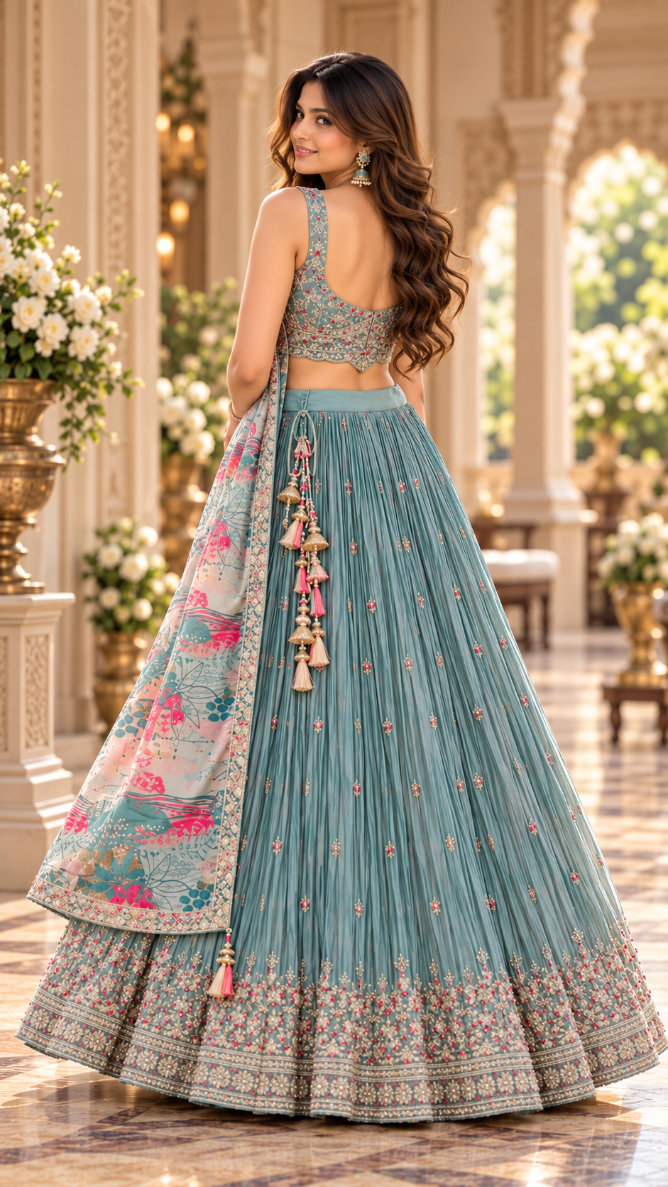 Teal Blue Silk Croptop Lehenga