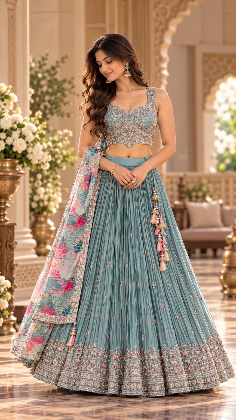 Teal Blue Silk Croptop Lehenga
