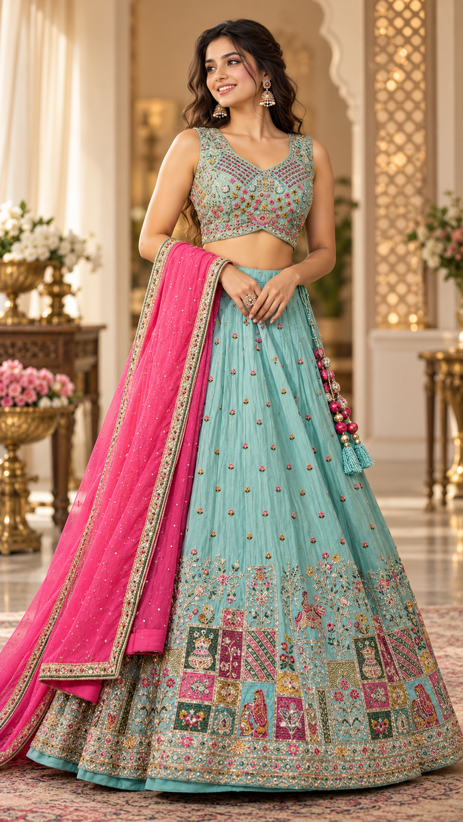 Aqua Blue Tissue Silk Croptop Lehenga