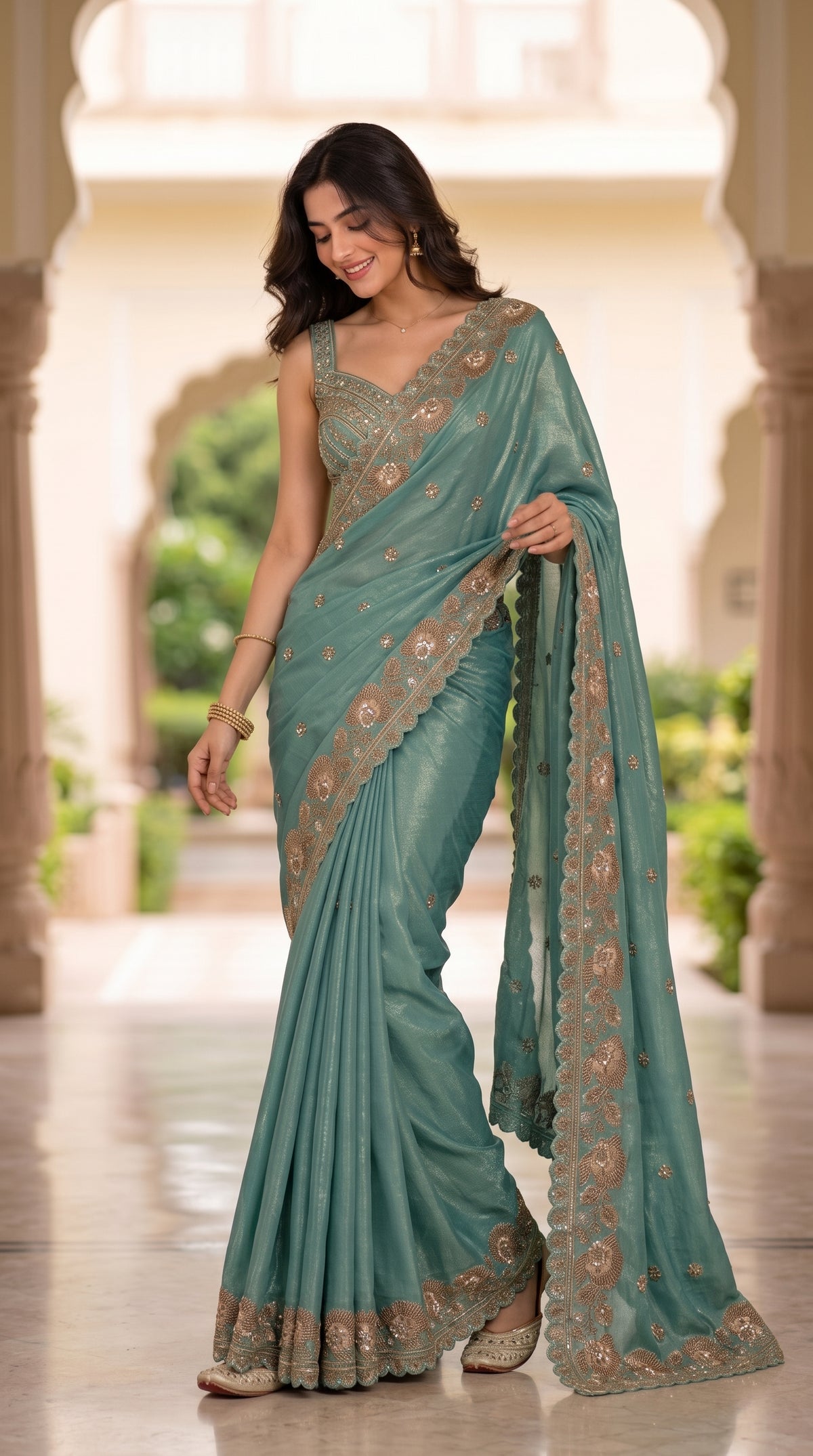 Turquoise Shimmer Crepe Silk Saree