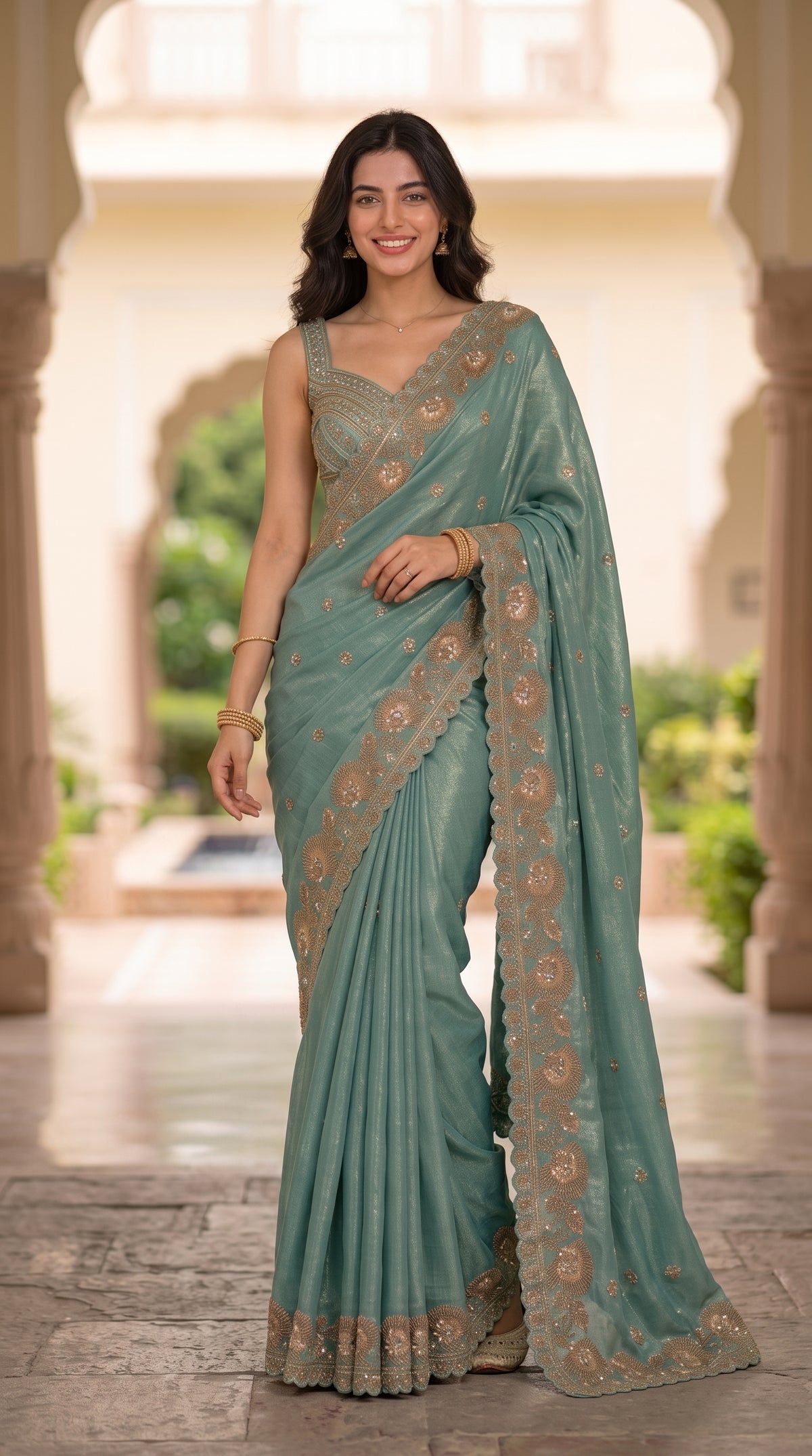 Turquoise Shimmer Crepe Silk Saree