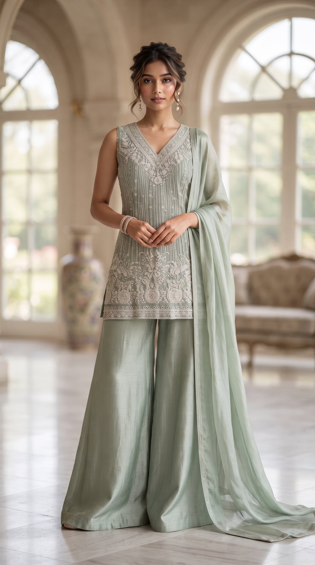 Sea Green Chinon Silk Sharara Suit