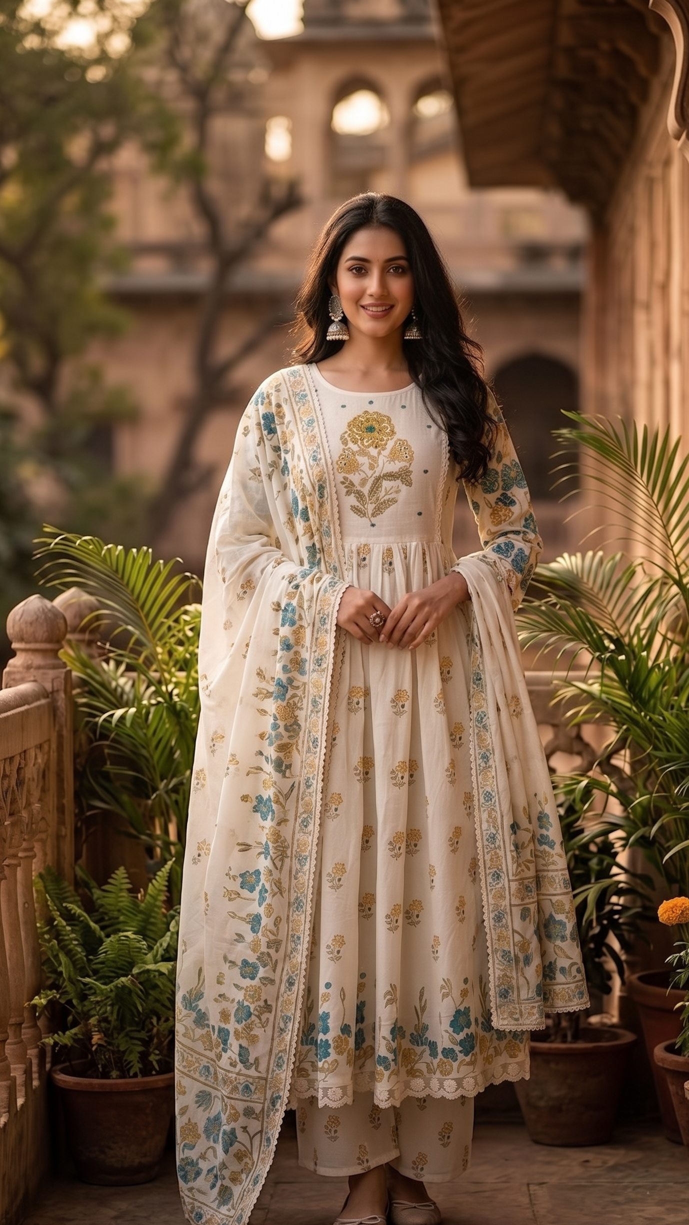 White Mul Cotton Block-Print Suit
