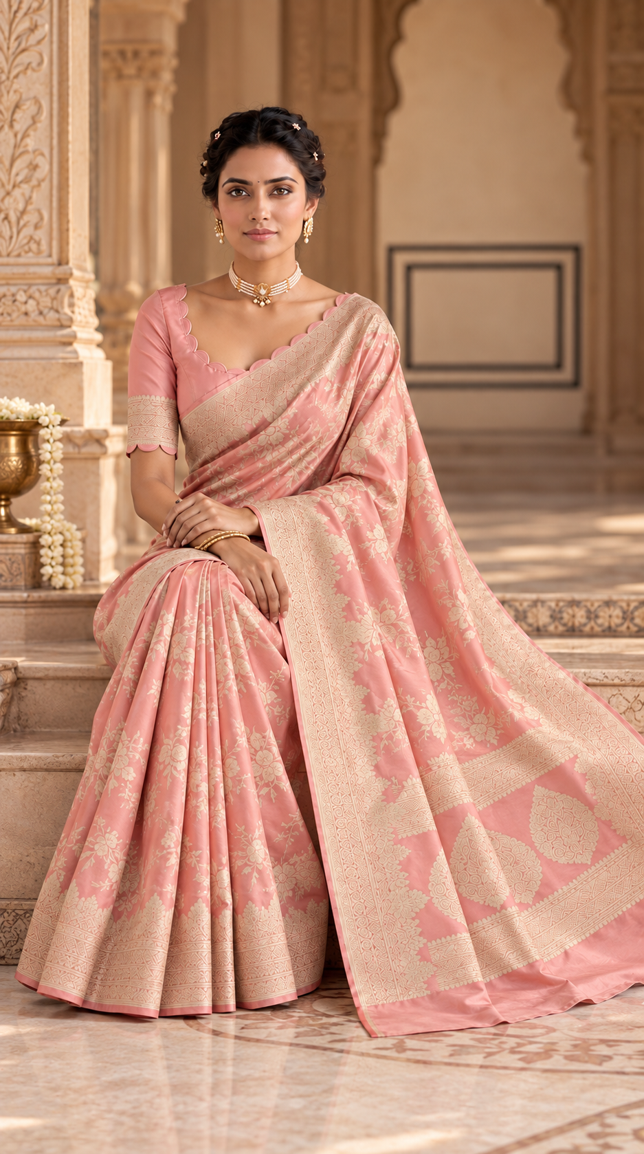 Blush Pink Banaras Satin Silk Saree