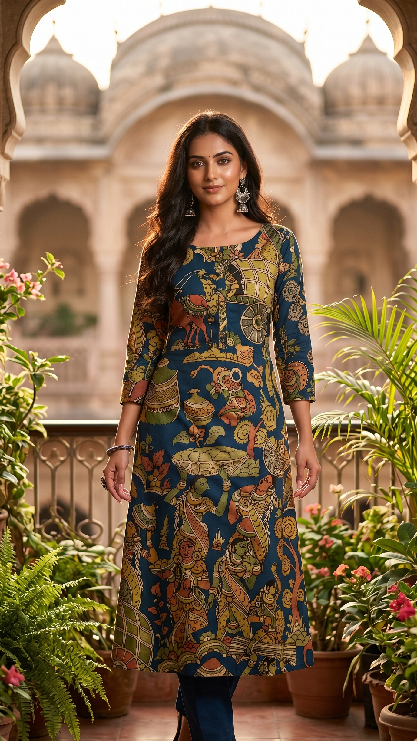 Blue Kalamkari Cotton Kurti Set