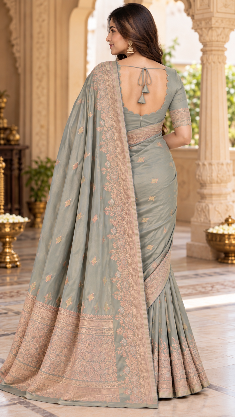 Muted Ash Grey Banaras Satin Silk Saree