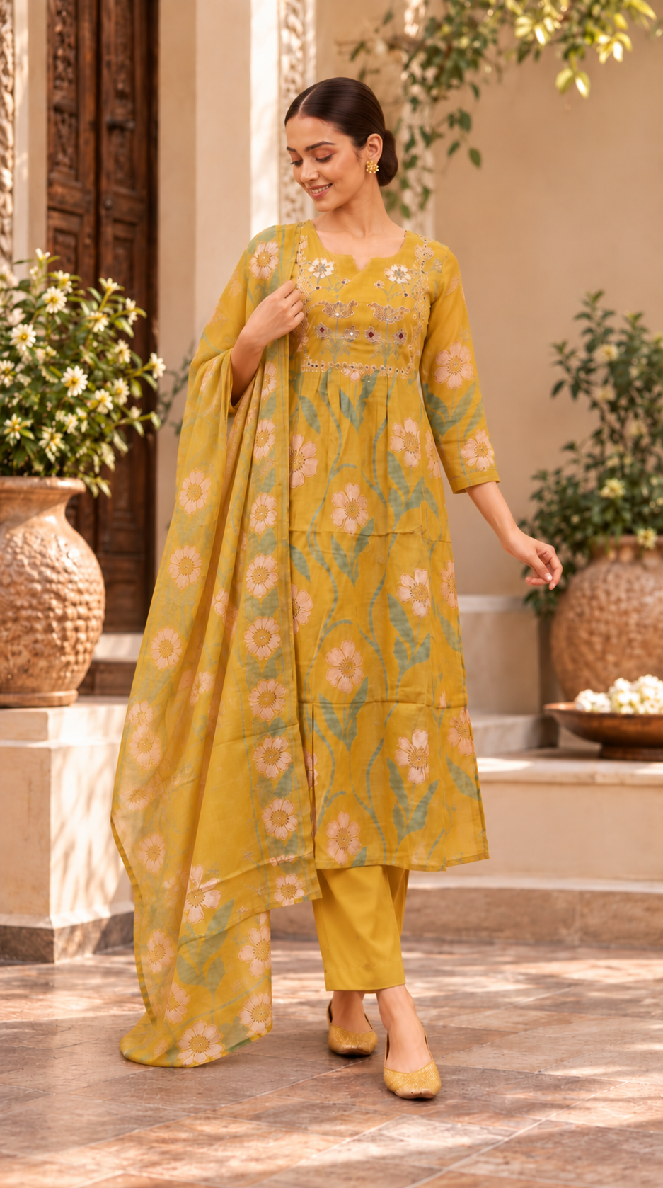 Mehendi Green Mul Chanderi A-Line Cut Suit