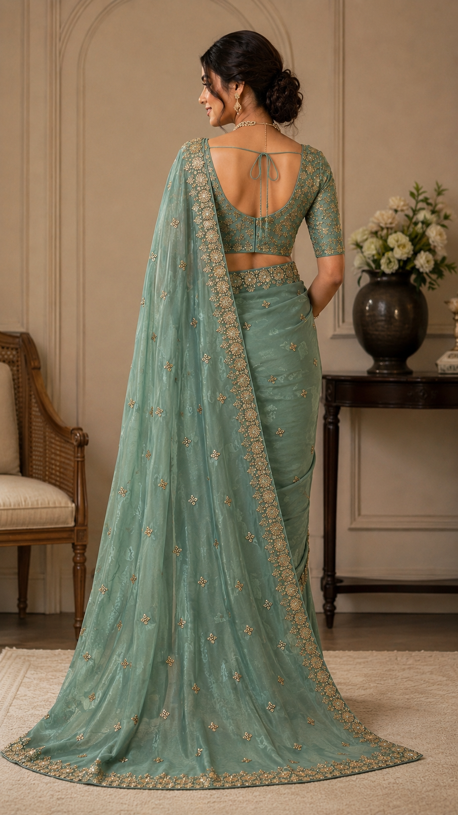 Teal Green Crepe Silk Fancy Saree