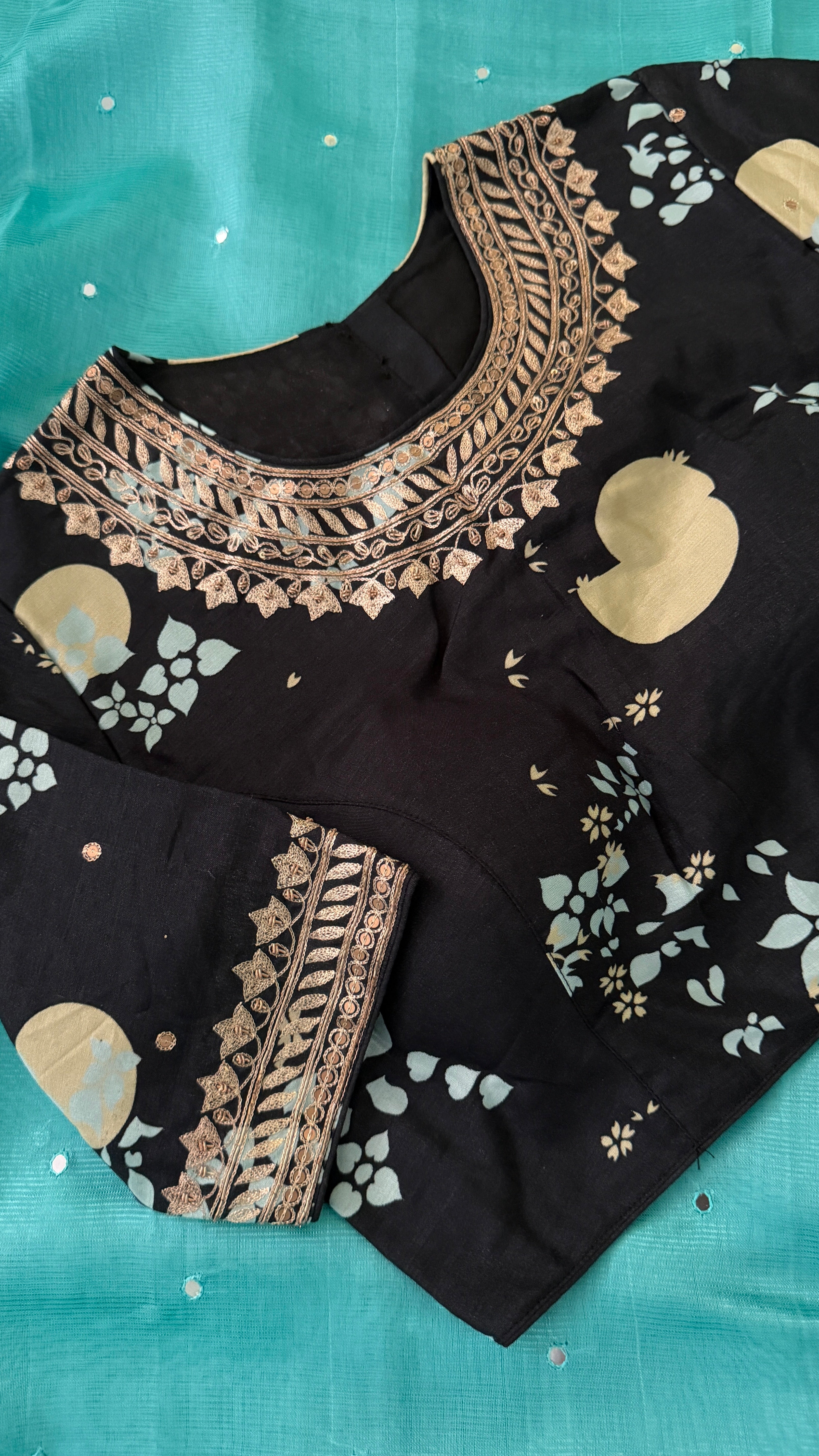 Black Printed Floral High-Neck Blouse