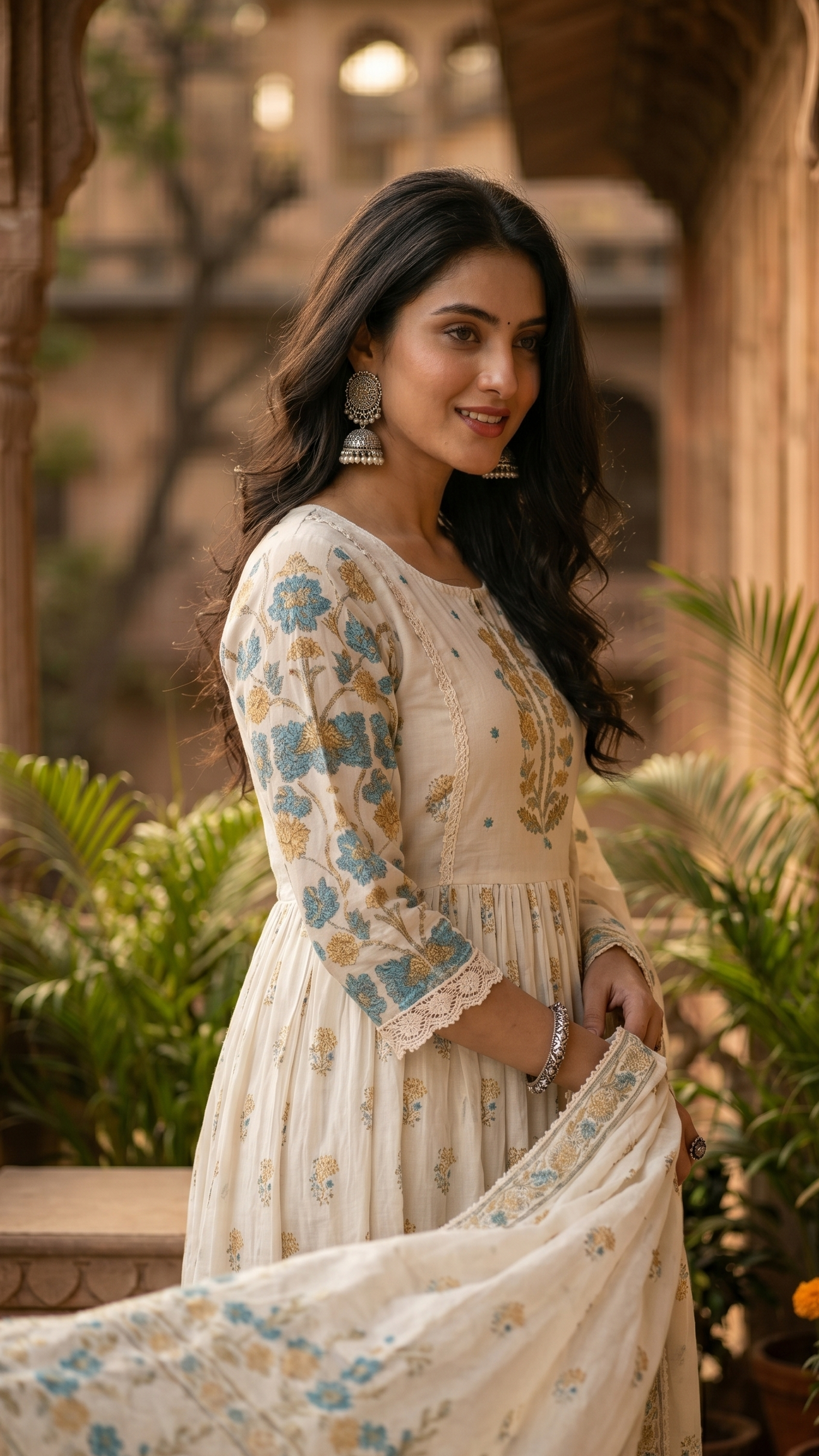 White Mul Cotton Block-Print Suit