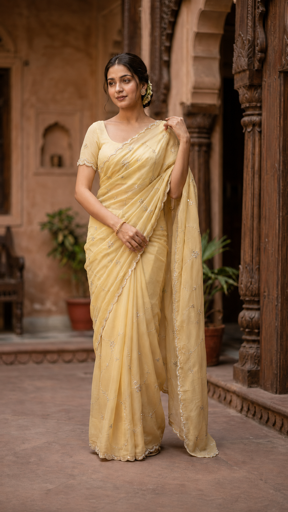 Lemon Yellow Glass Organza Fancy Saree