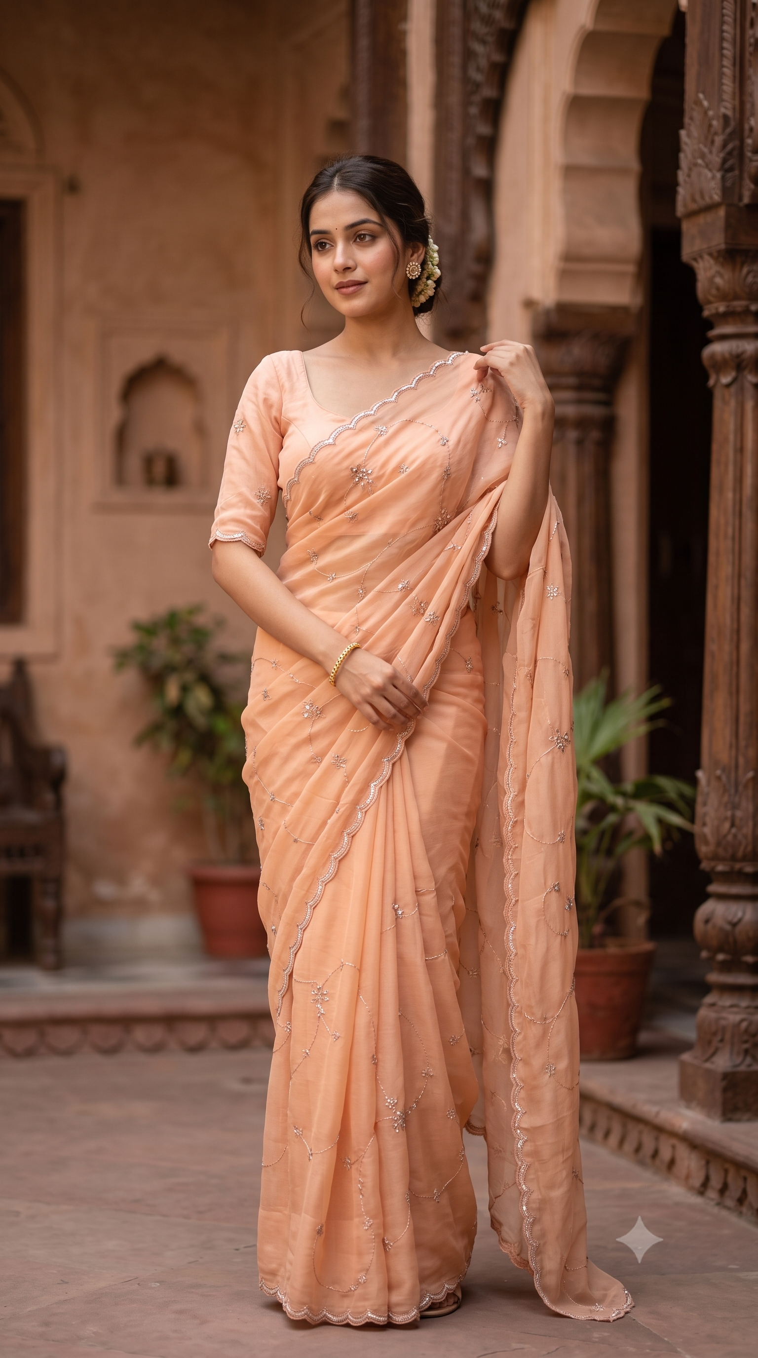 Peach Glass Organza Fancy Saree