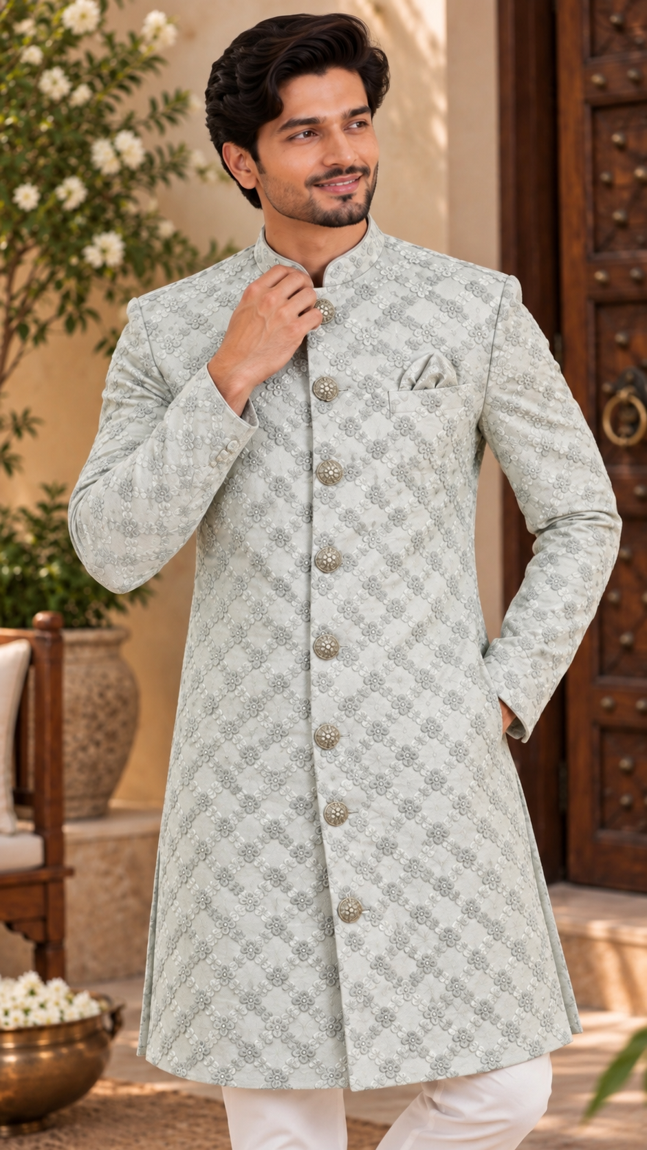 Soft Mint Green Silk Sherwani Suit