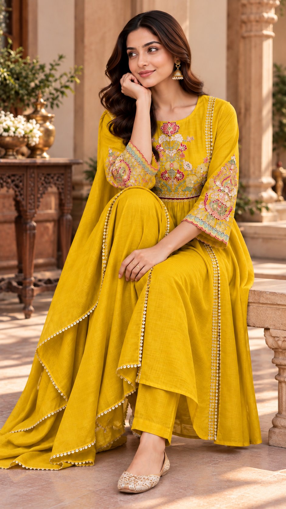 Mustard Mul Chanderi Suit