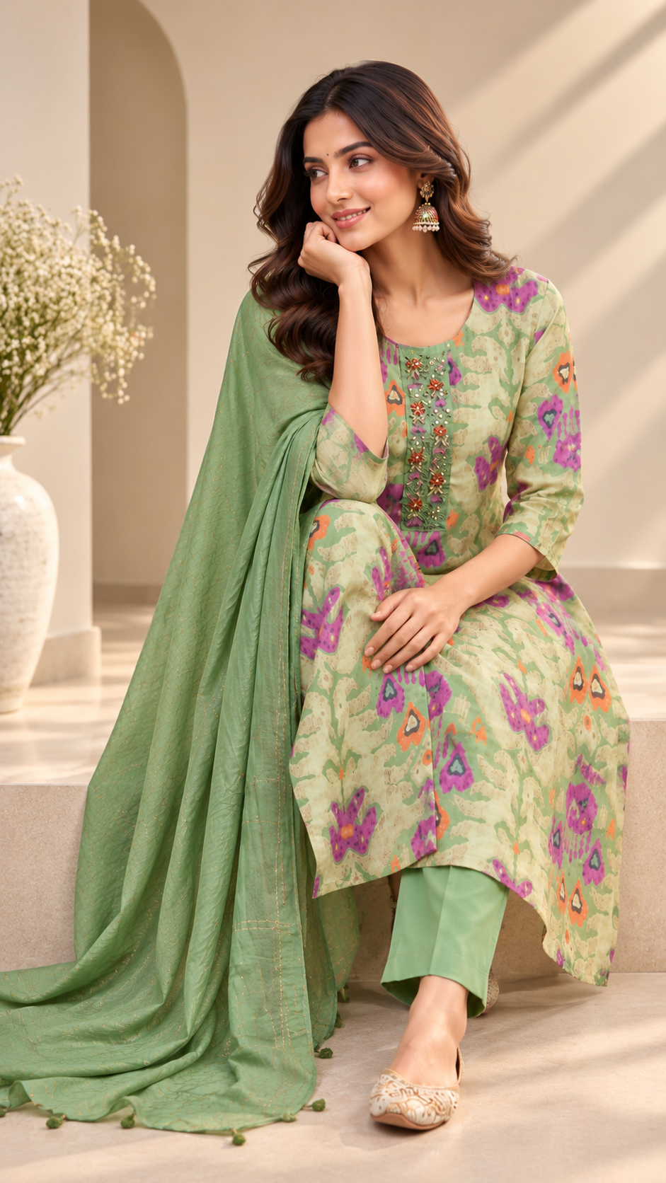 Green Rayon Cotton Straight Cut Suit