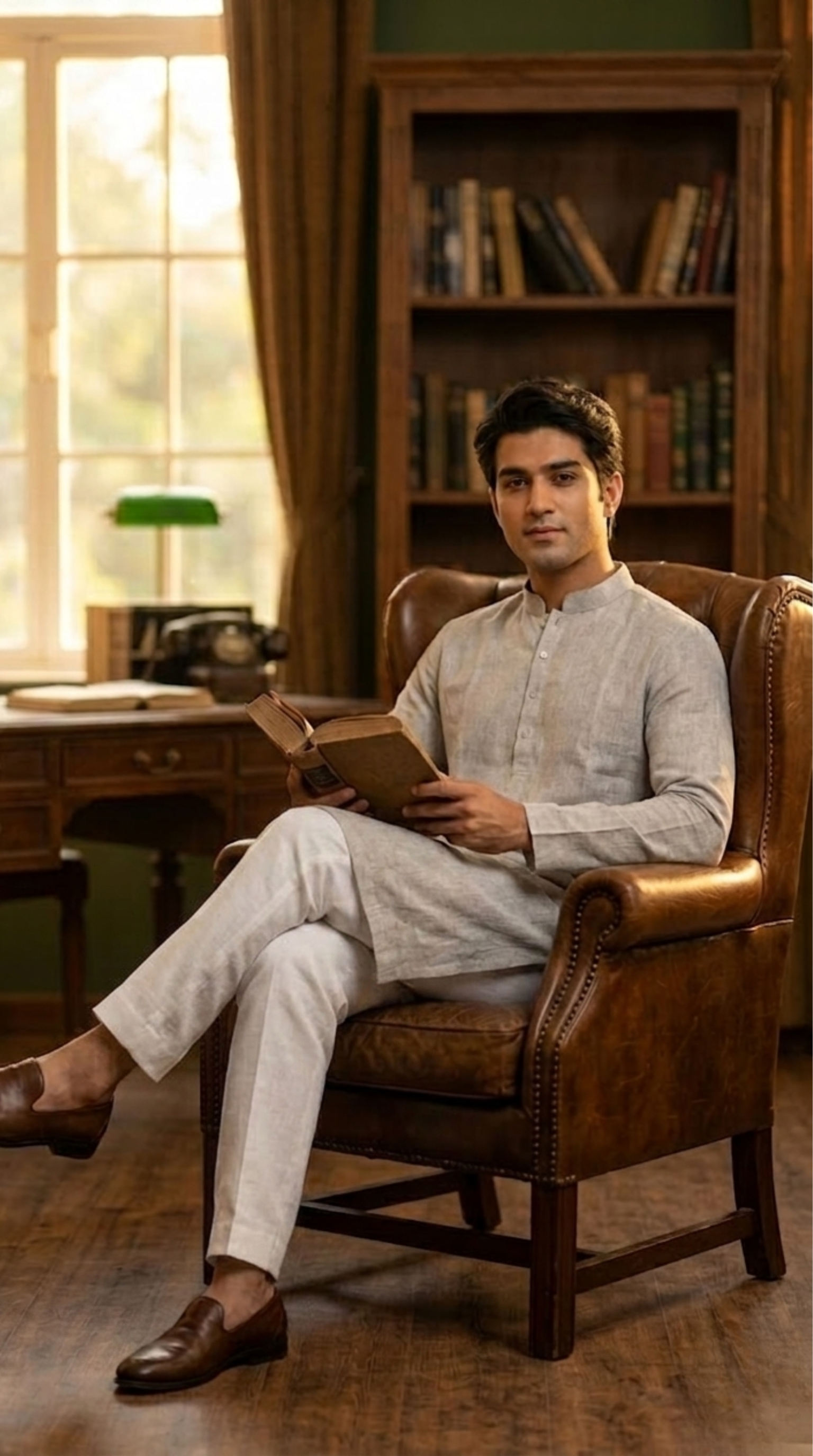 Steel blue silk kurta set for men with mandarin collar