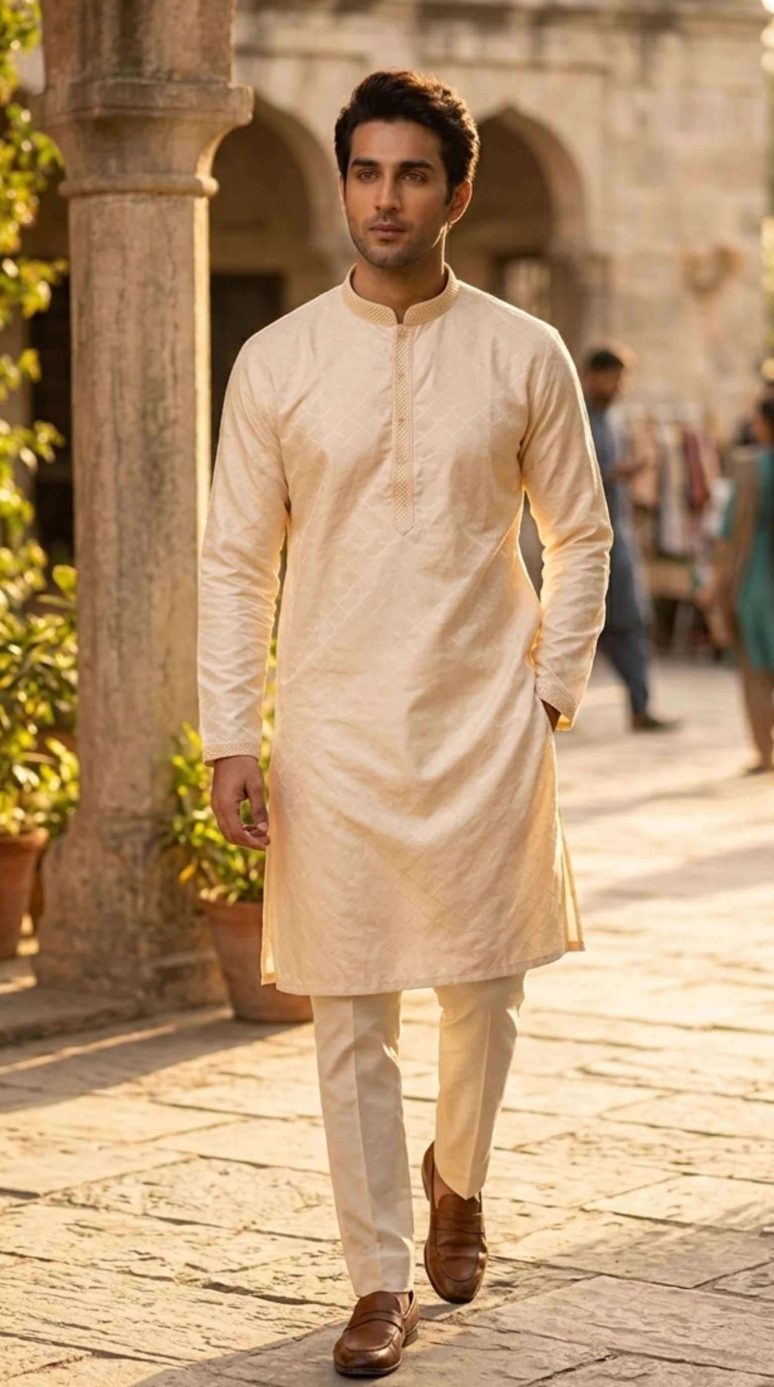 off white silk kurta set for men with mandarin collar
