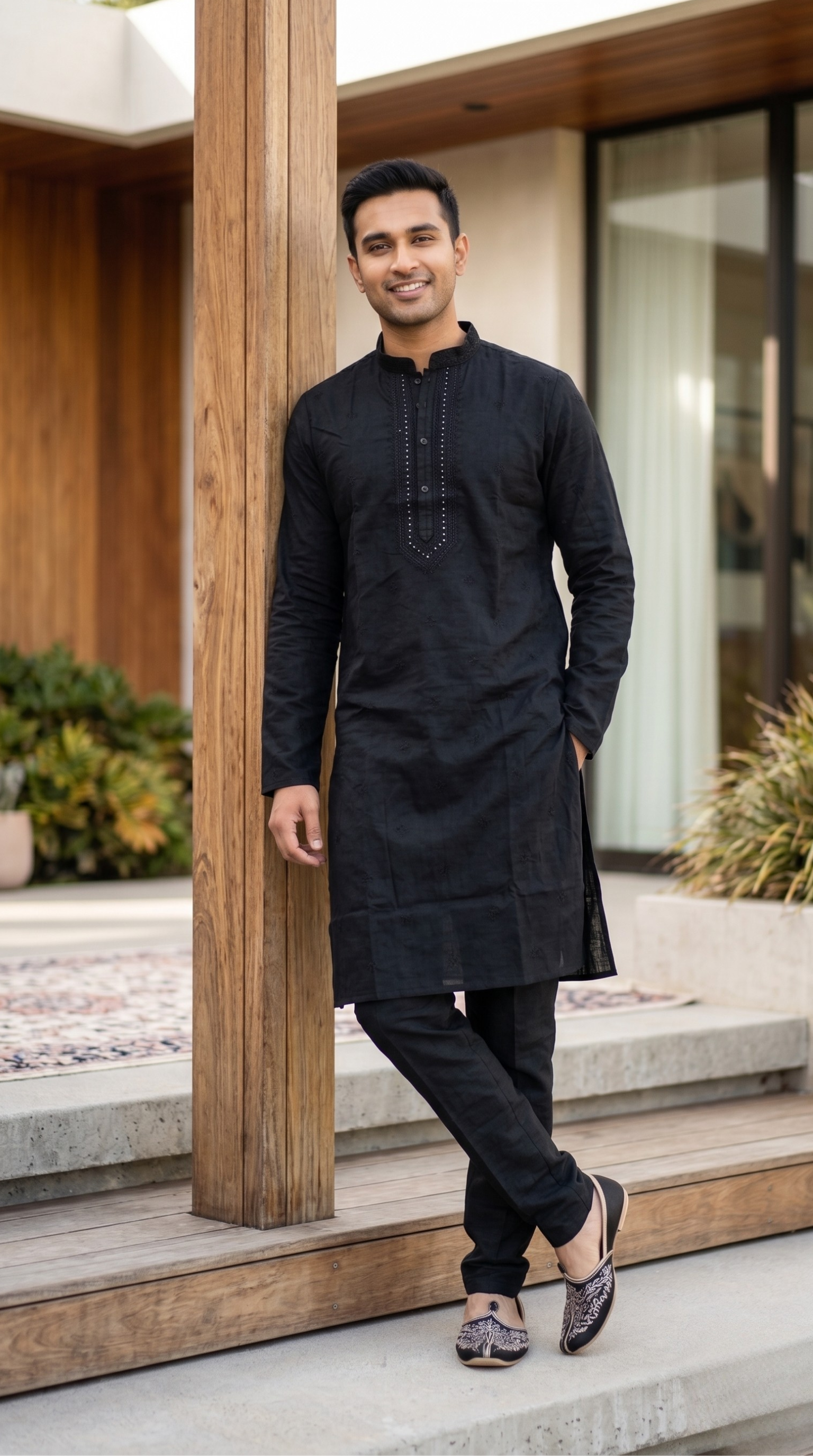 Black cotton kurta set for men with mandarin collar and crystal embellished neckline — outdoor lifestyle shot
