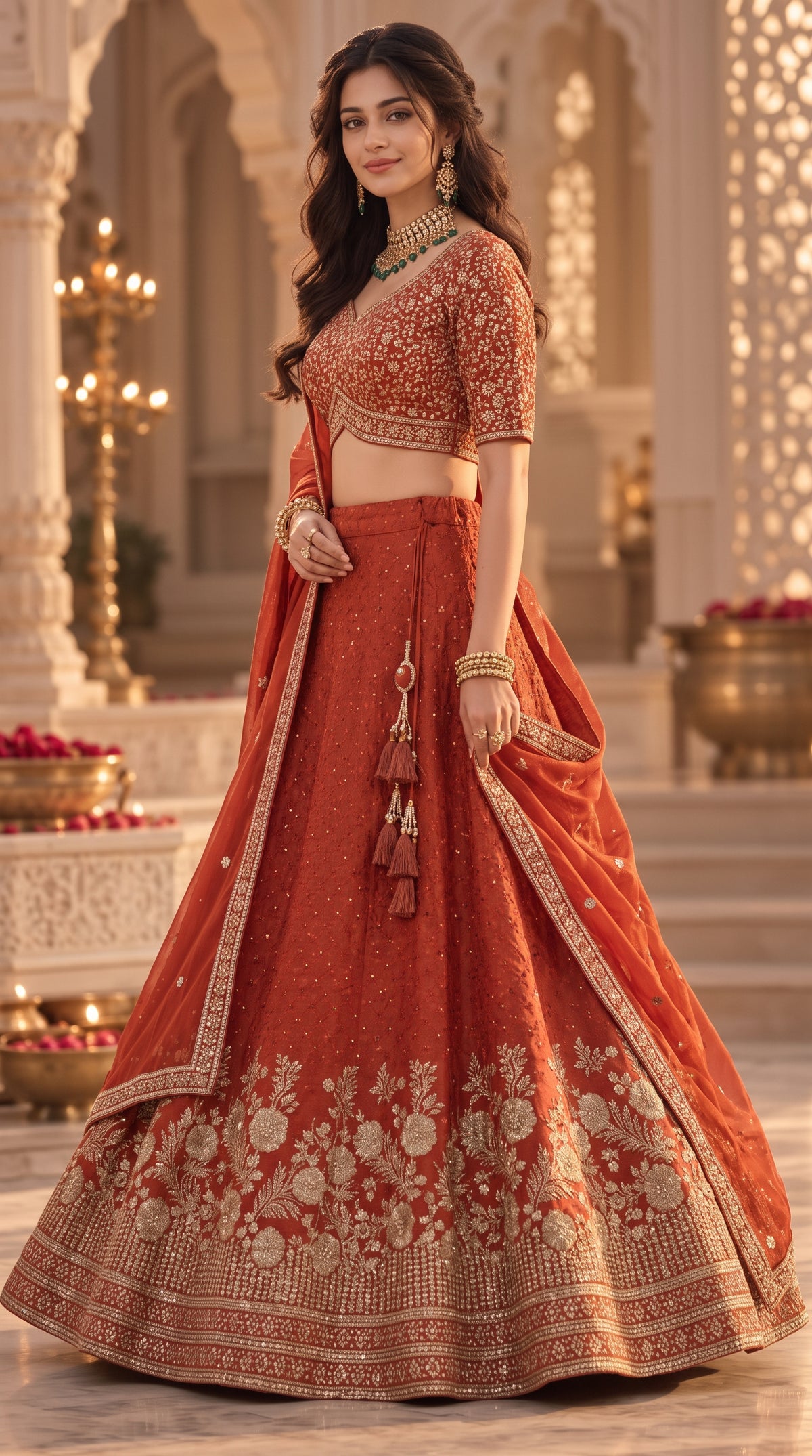 Rust Chinon Silk Party Wear Crop Top Lehenga