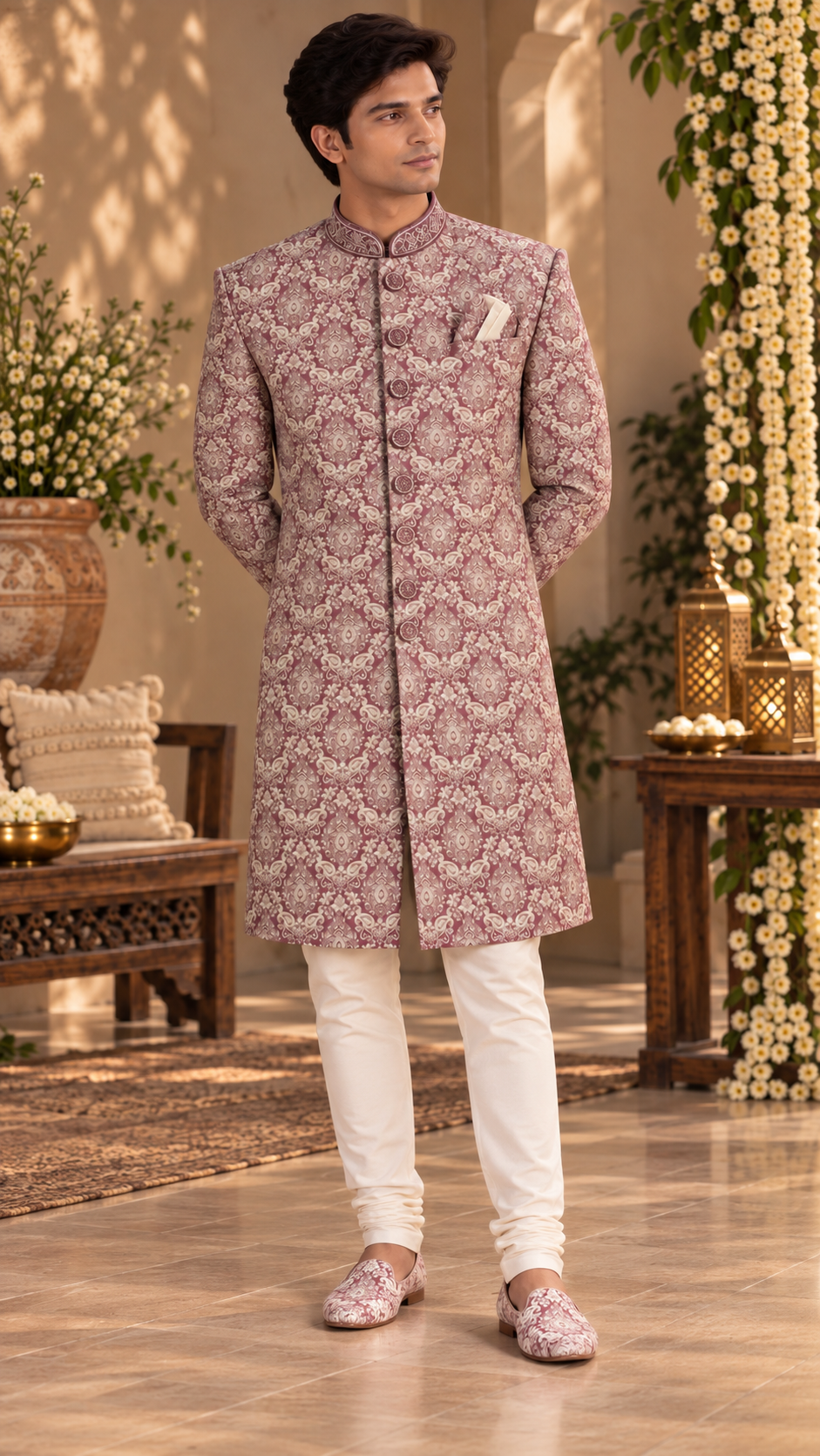 Mauve Jacquard Sherwani Set