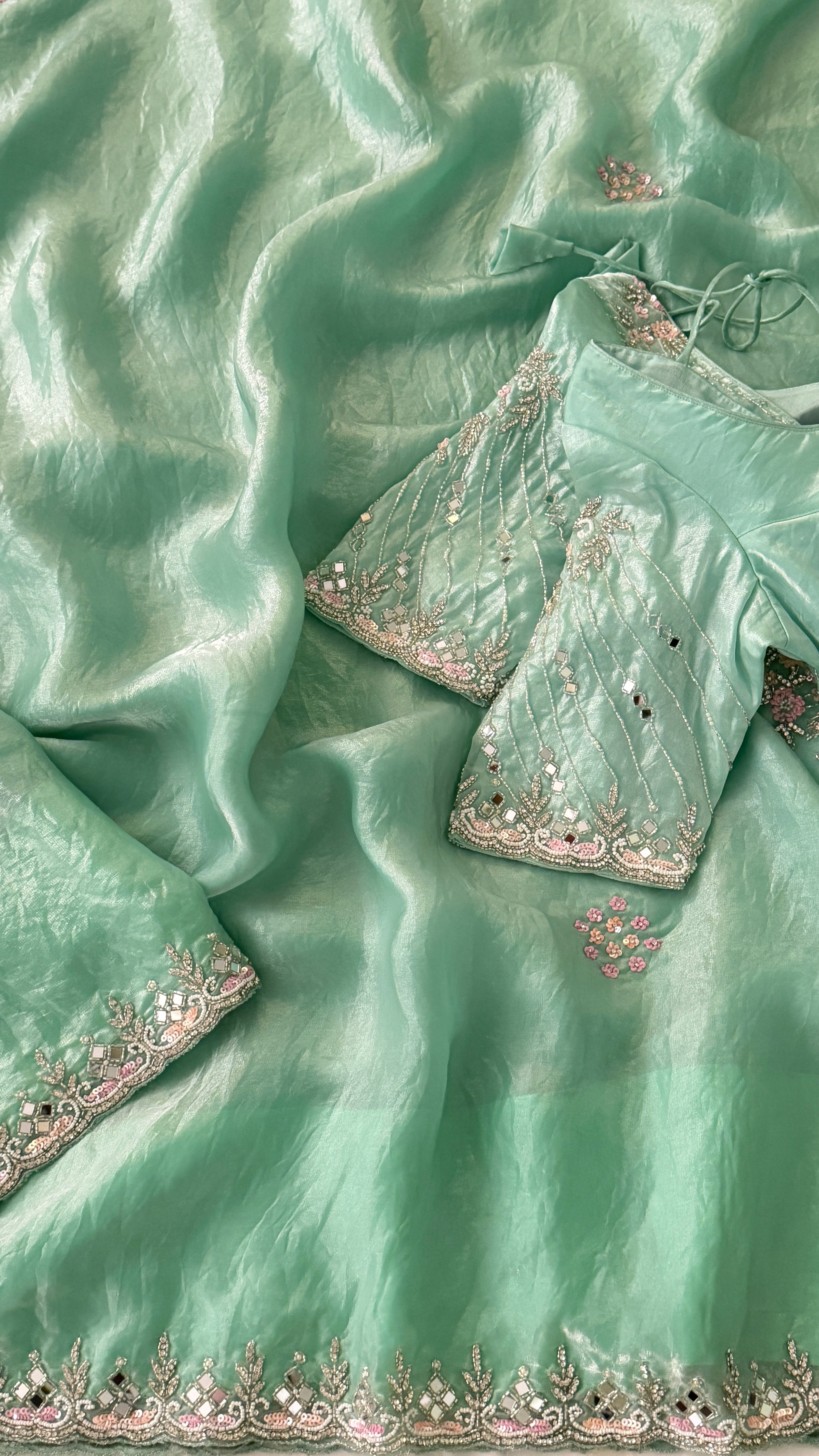 Sea Green Shimmer Organza Fancy Saree