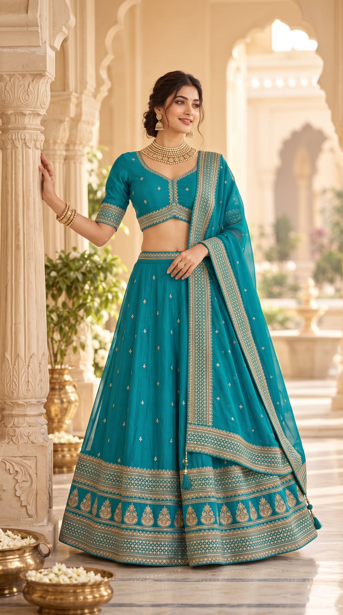 Peacock Teal Chinon Silk Party Wear Crop Top Lehenga