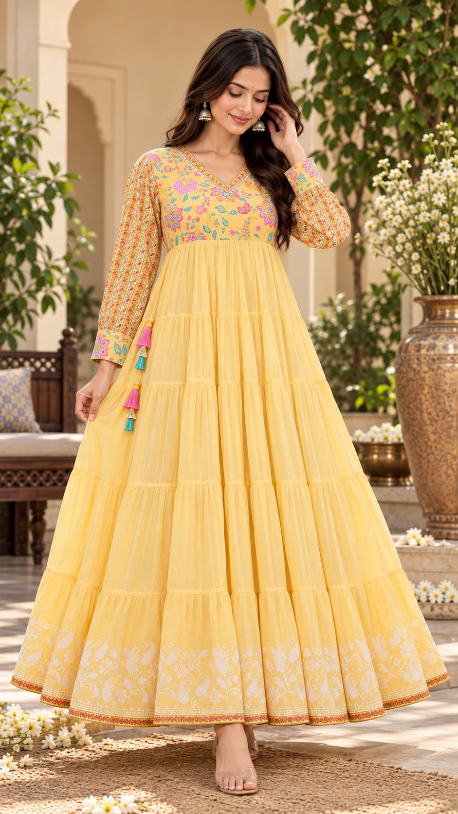 Light Yellow Mul Cotton Long Gown
