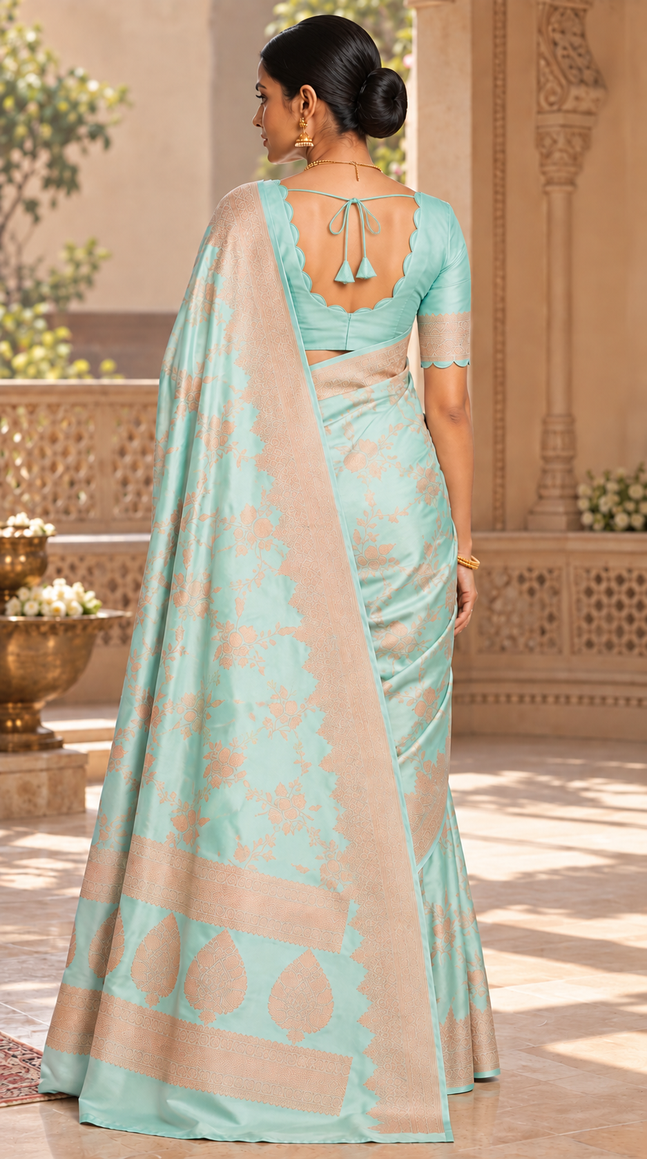 Aqua Blue Banaras Satin Silk Saree