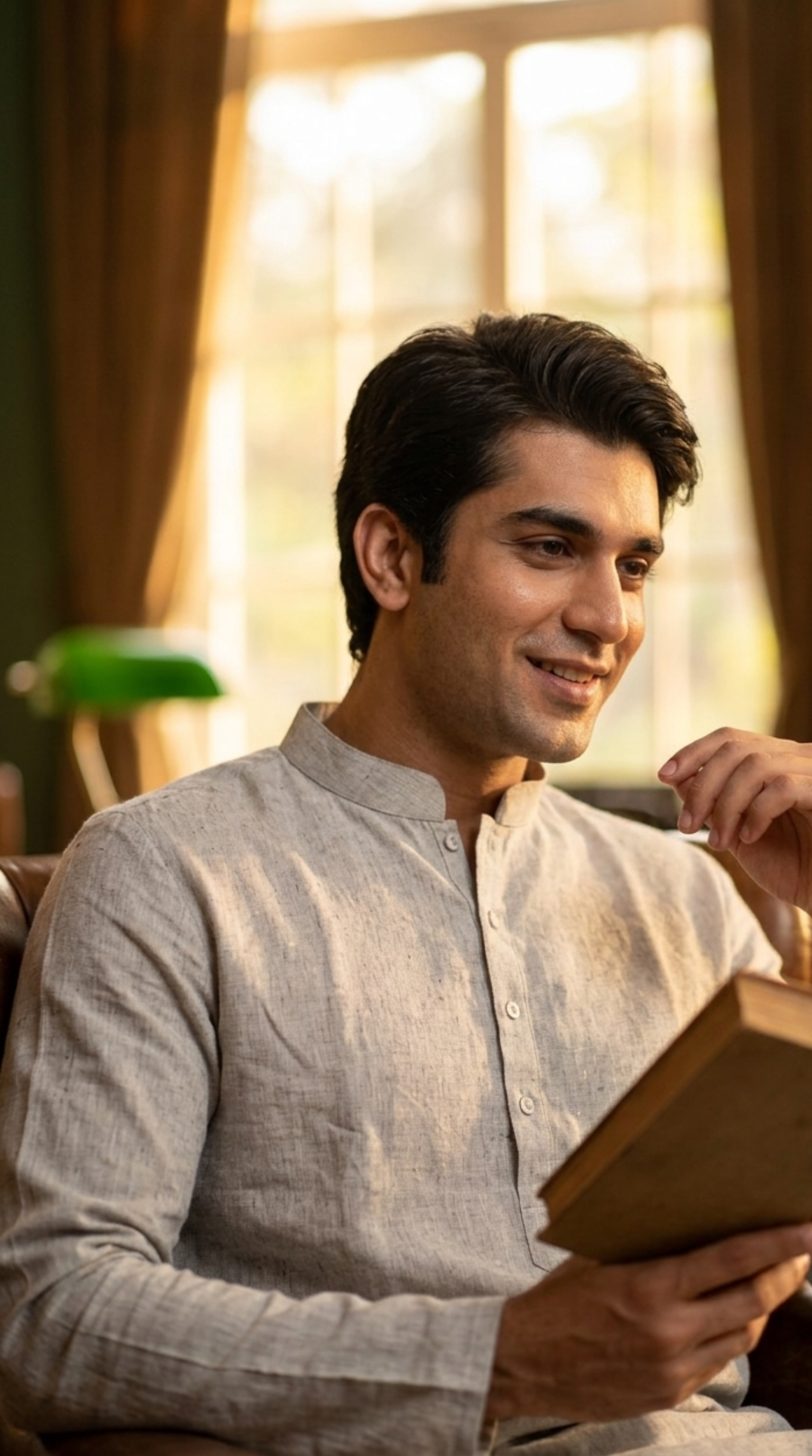 Steel blue silk kurta set for men with mandarin collar