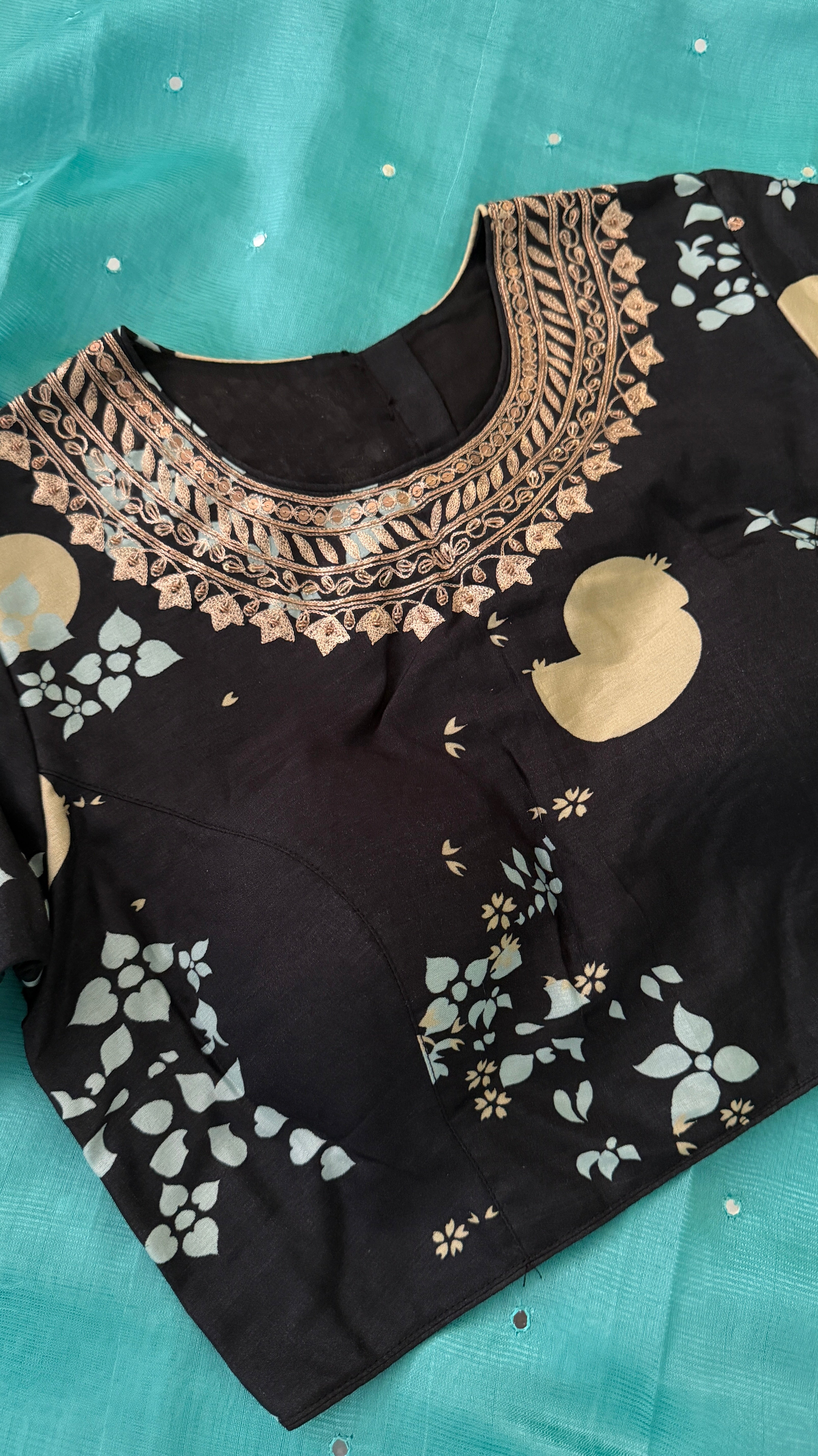 Black Printed Floral High-Neck Blouse