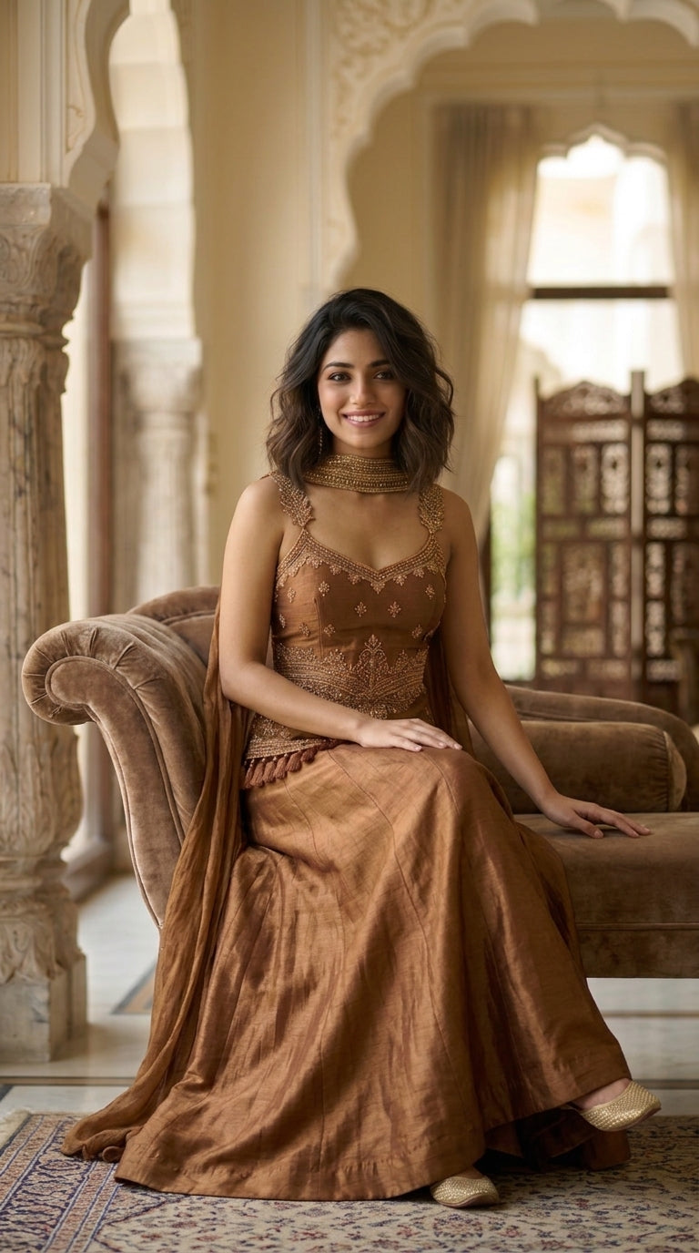 Brown Tissue Silk Sharara Suit