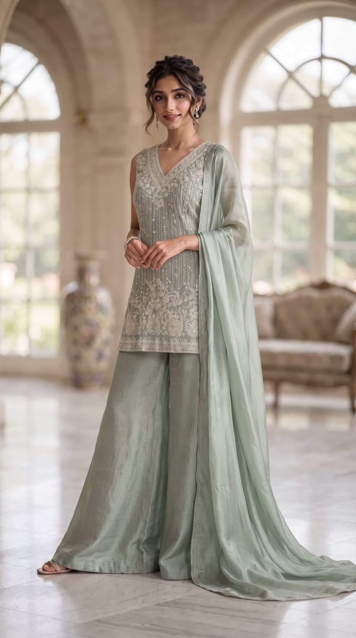 Sea Green Chinon Silk Sharara Suit