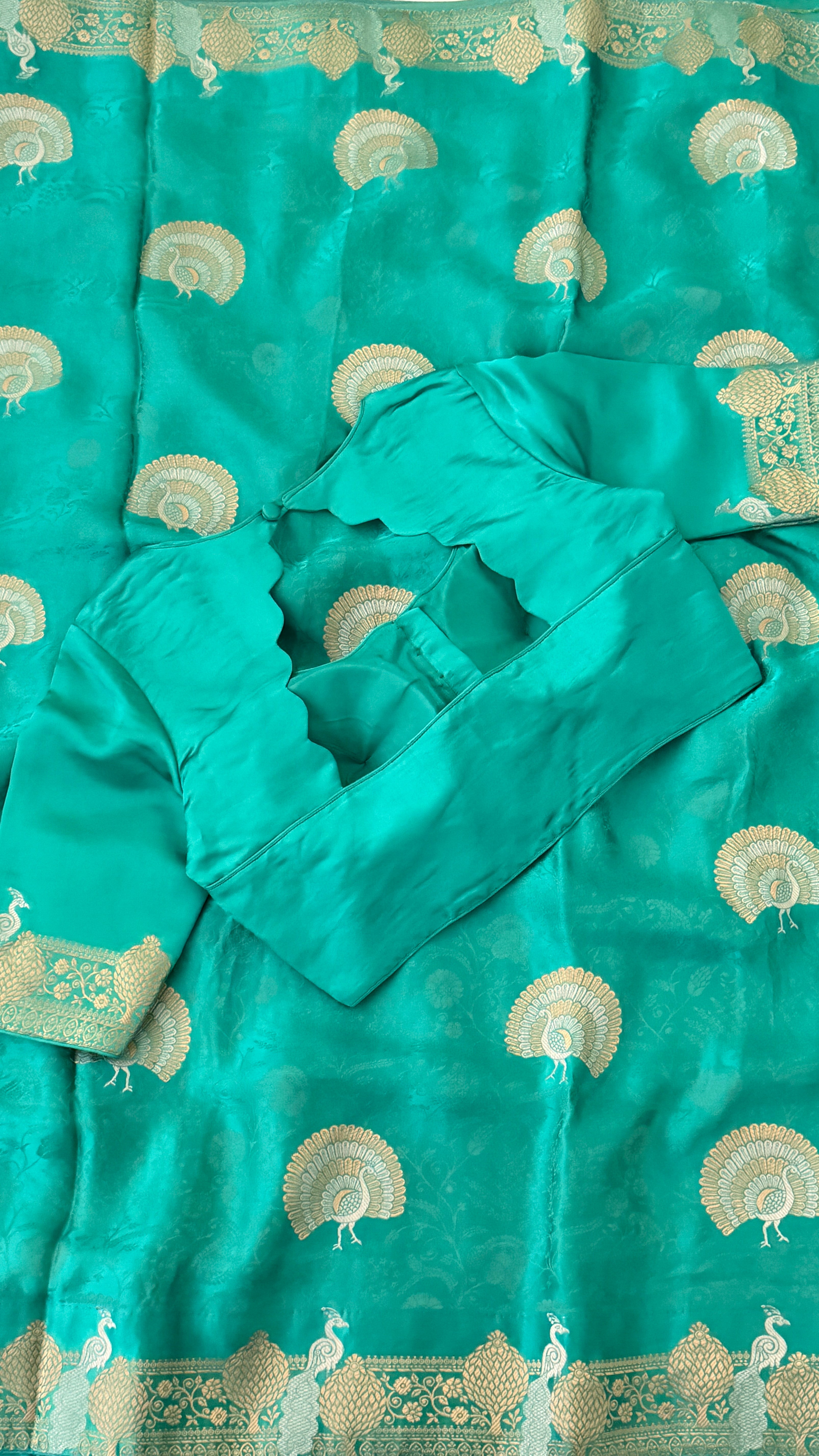 Seagreen Banaras Satin Silk Saree